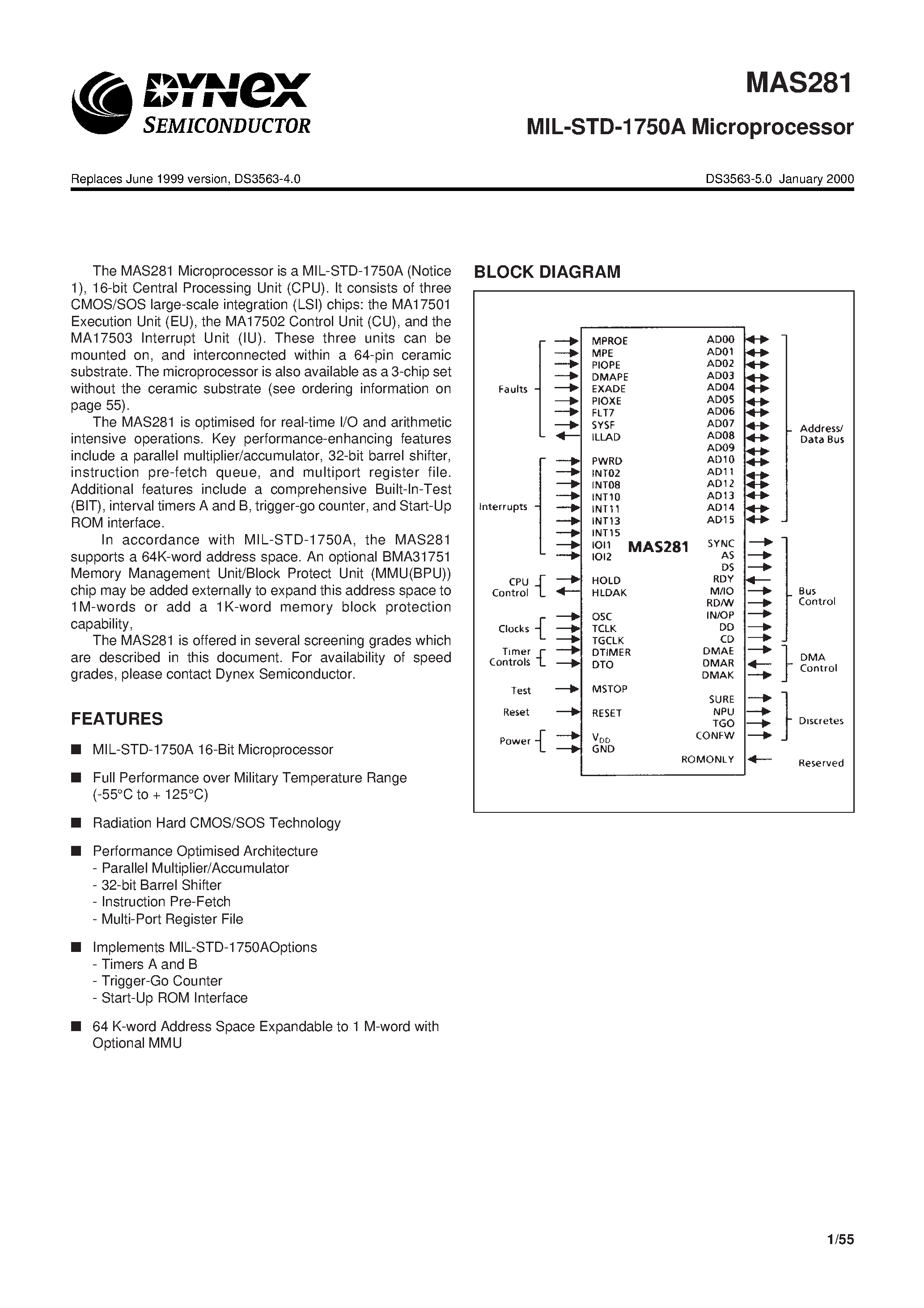 Datasheet MAS281 page 1 Datasheet MAS281 - MIL-STD-1750A Microprocessor page 1