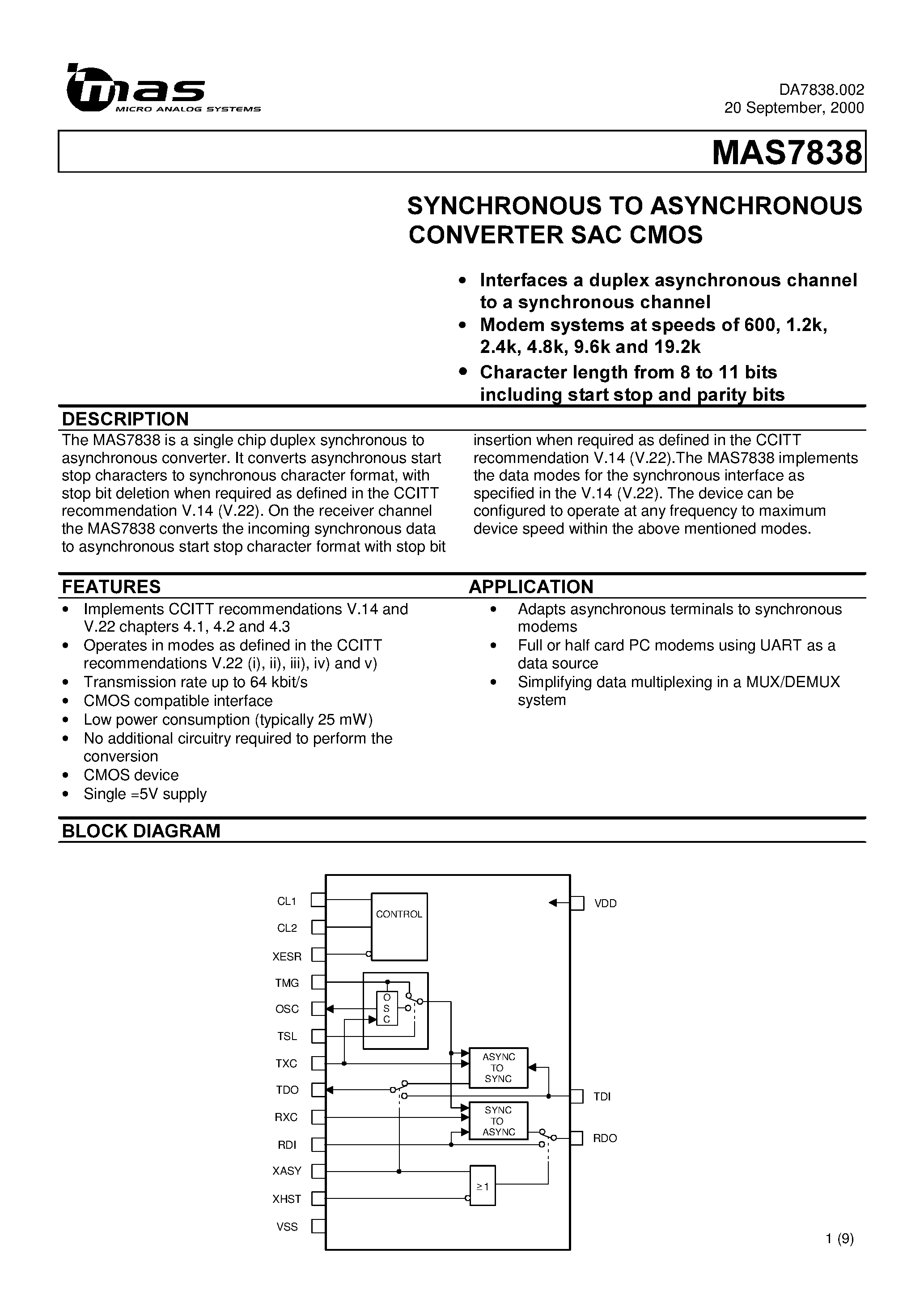 Datasheet MAS7838S-T - SYNCHRONOUS TO ASYNCHRONOUS CONVERTER SAC CMOS page 1