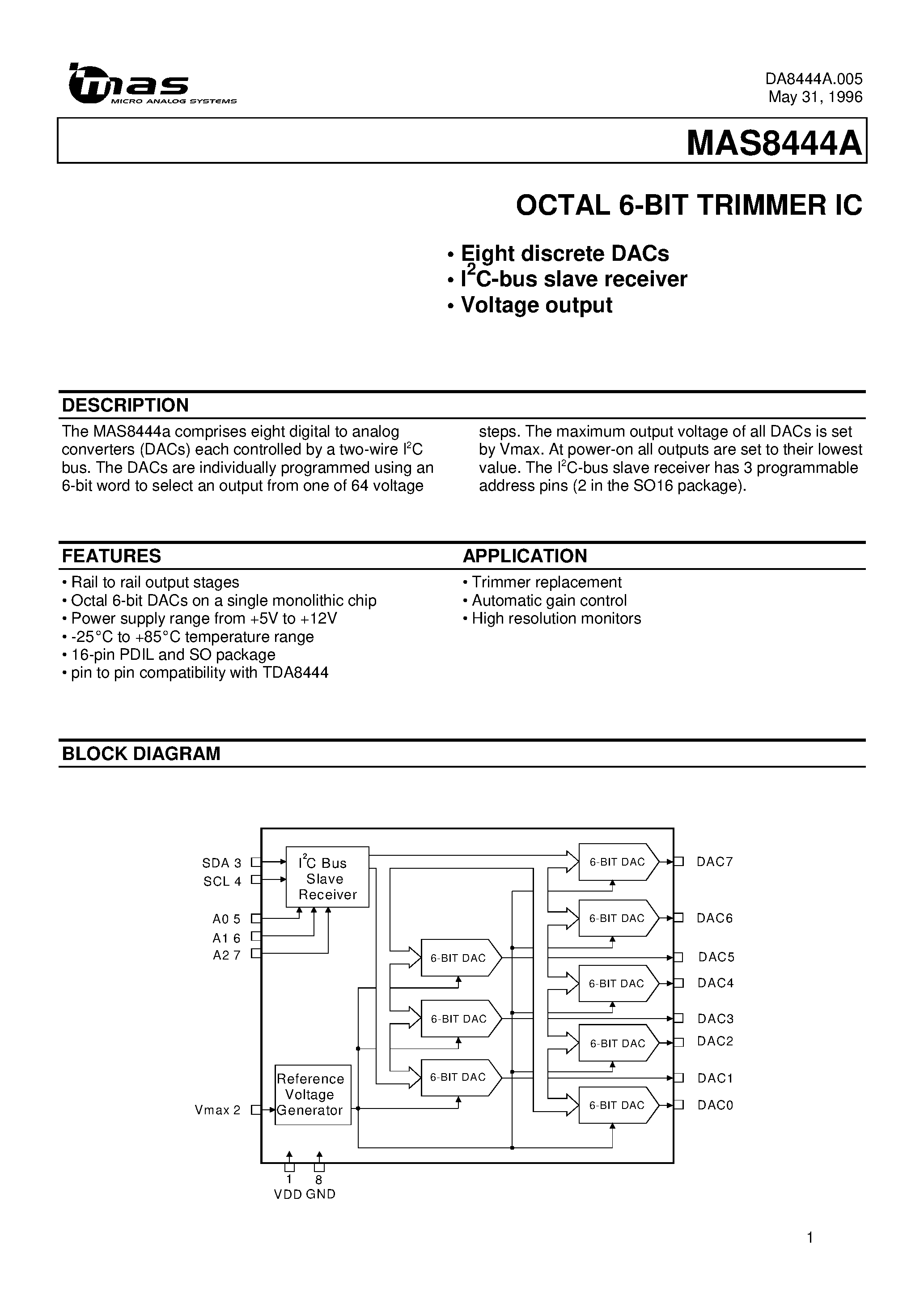 Datasheet MAS8444AS - OCTAL 6-BIT TRIMMER IC page 1