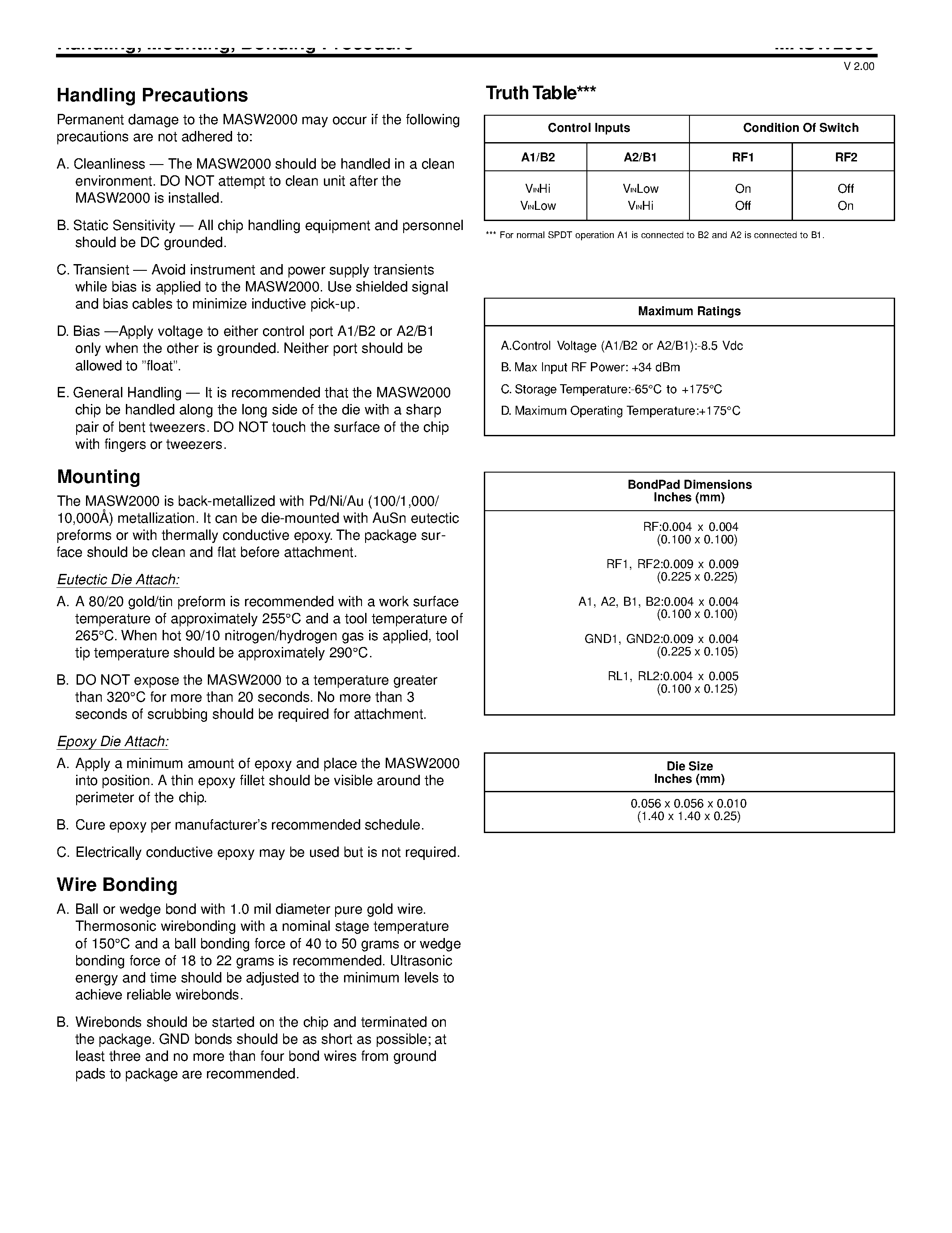 Datasheet MASW2000 - GaAs SPDT Switch DC - 3 GHz page 2