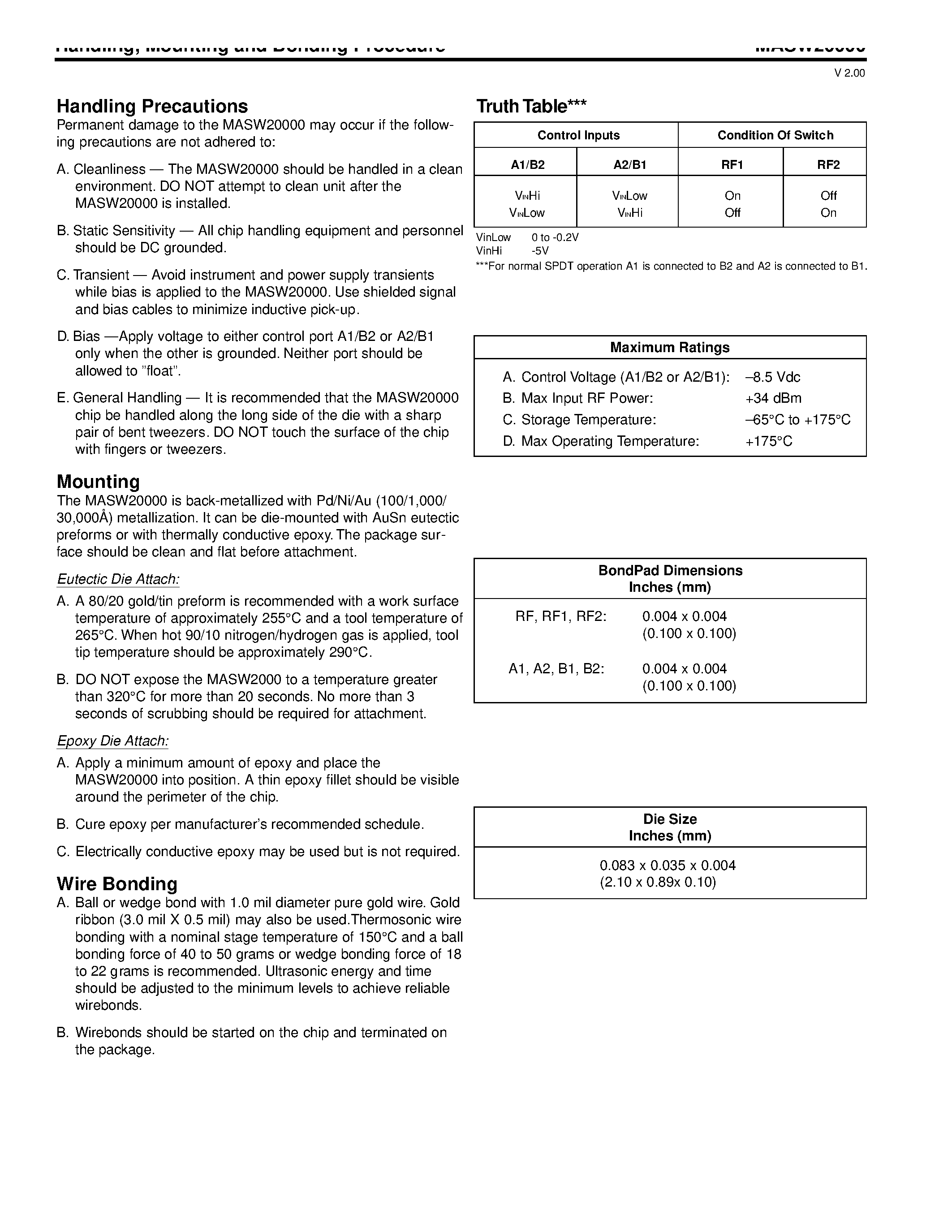Datasheet MASW20000 page 2 Datasheet MASW20000 - GaAs SPDT Switch DC - 20 GHz page 2