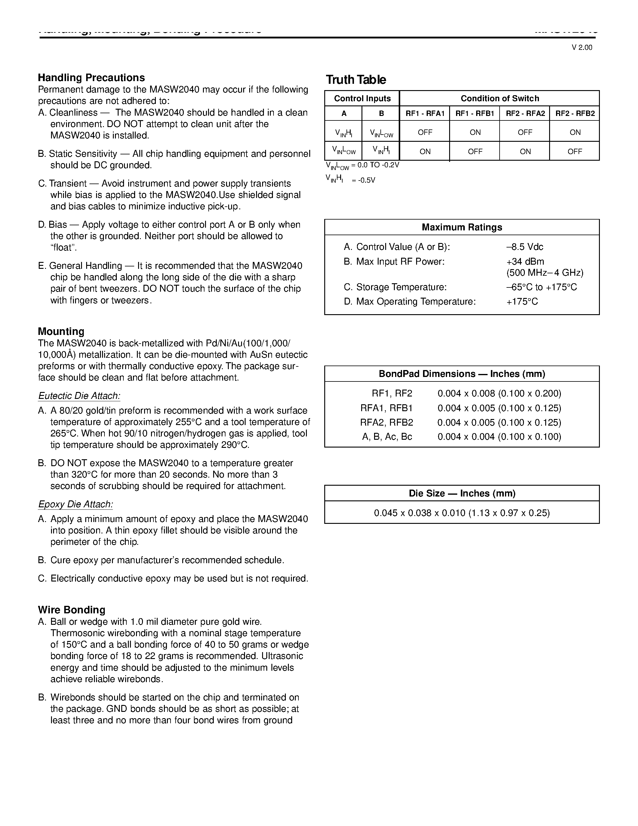 Datasheet MASW2040 - GaAs DPDT Switch DC - 2 GHz page 2
