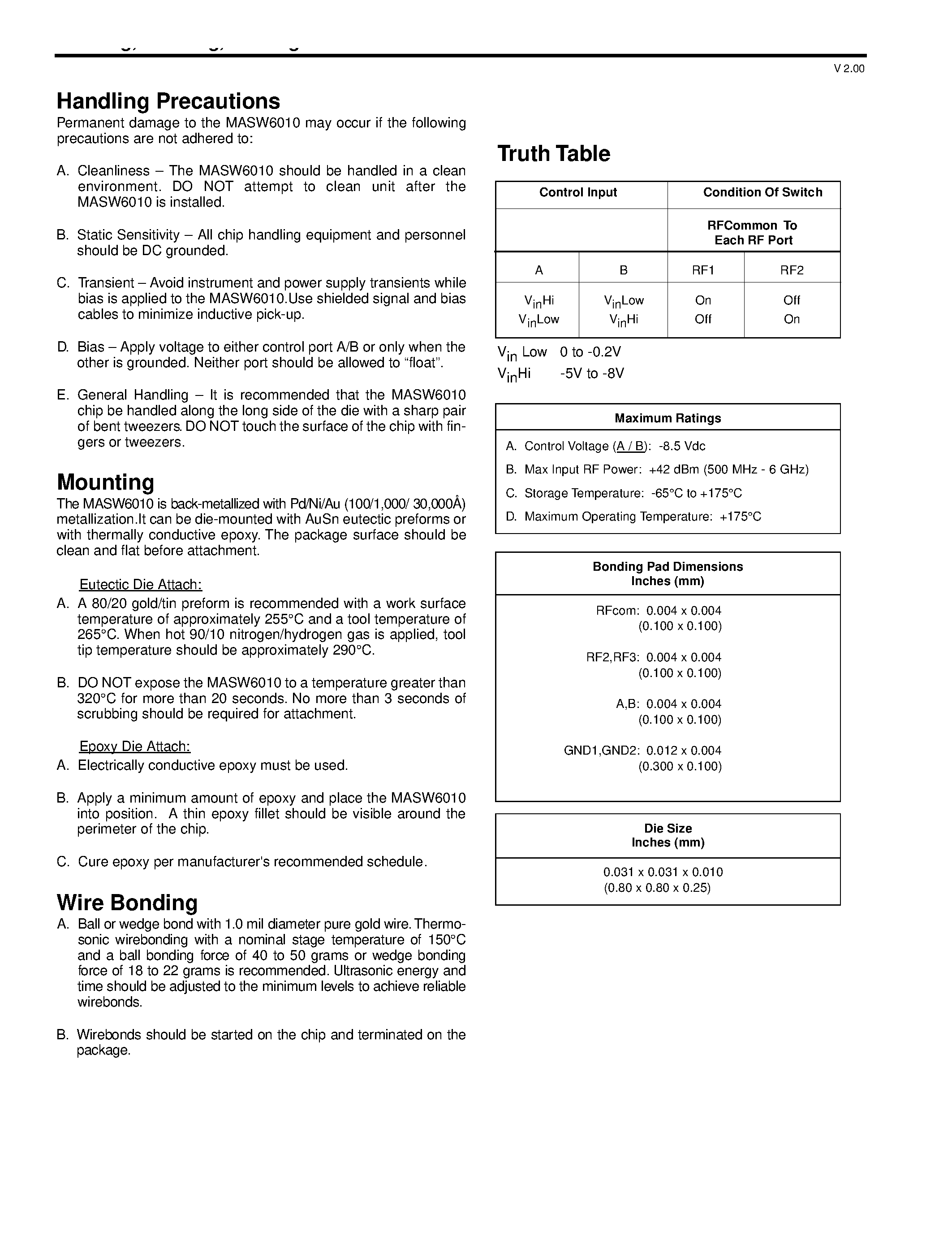 Datasheet MASW6010G - GaAs SPDT Switch DC-6 GHz page 2