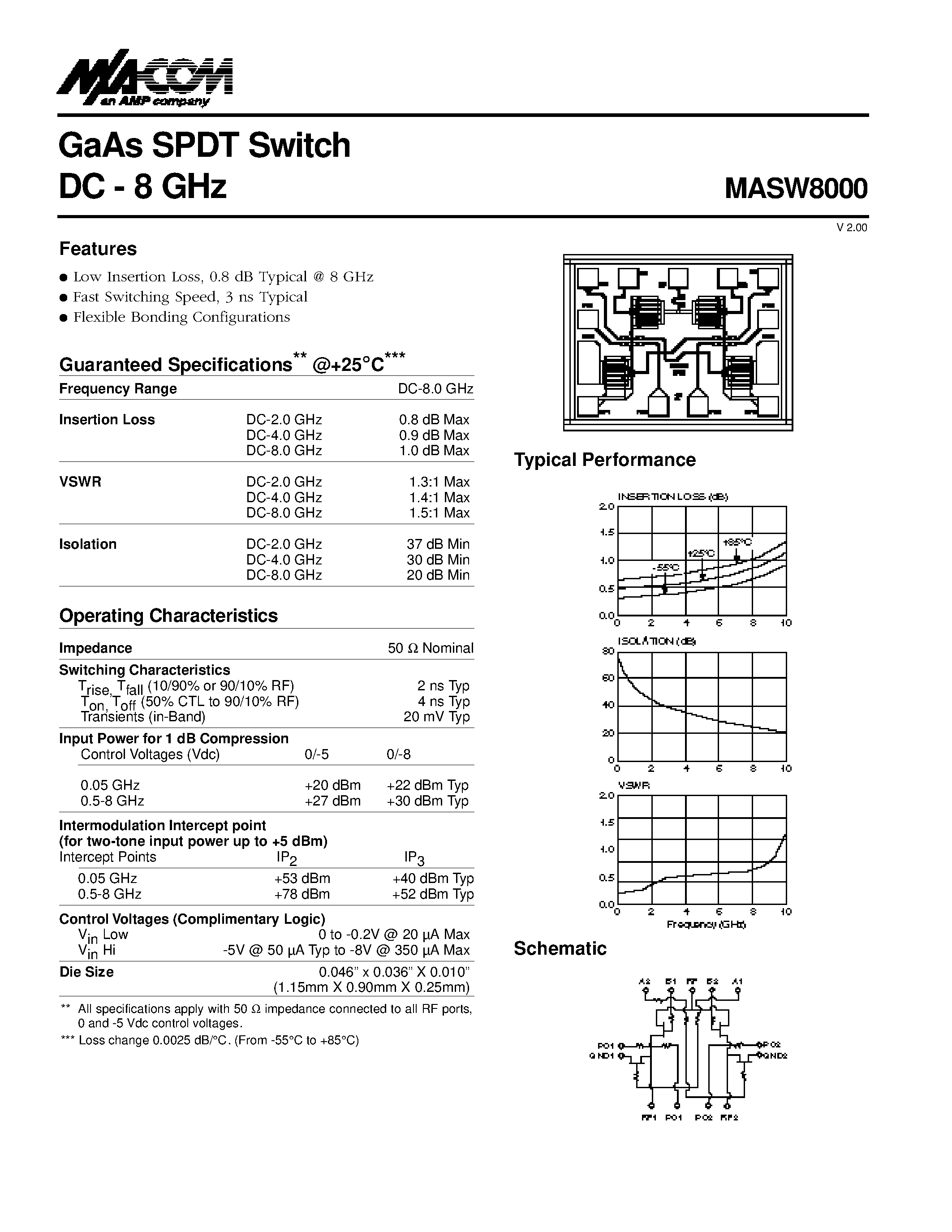 Datasheet MASW8000 page 1 Datasheet MASW8000 - GaAs SPDT Switch DC - 8 GHz page 1