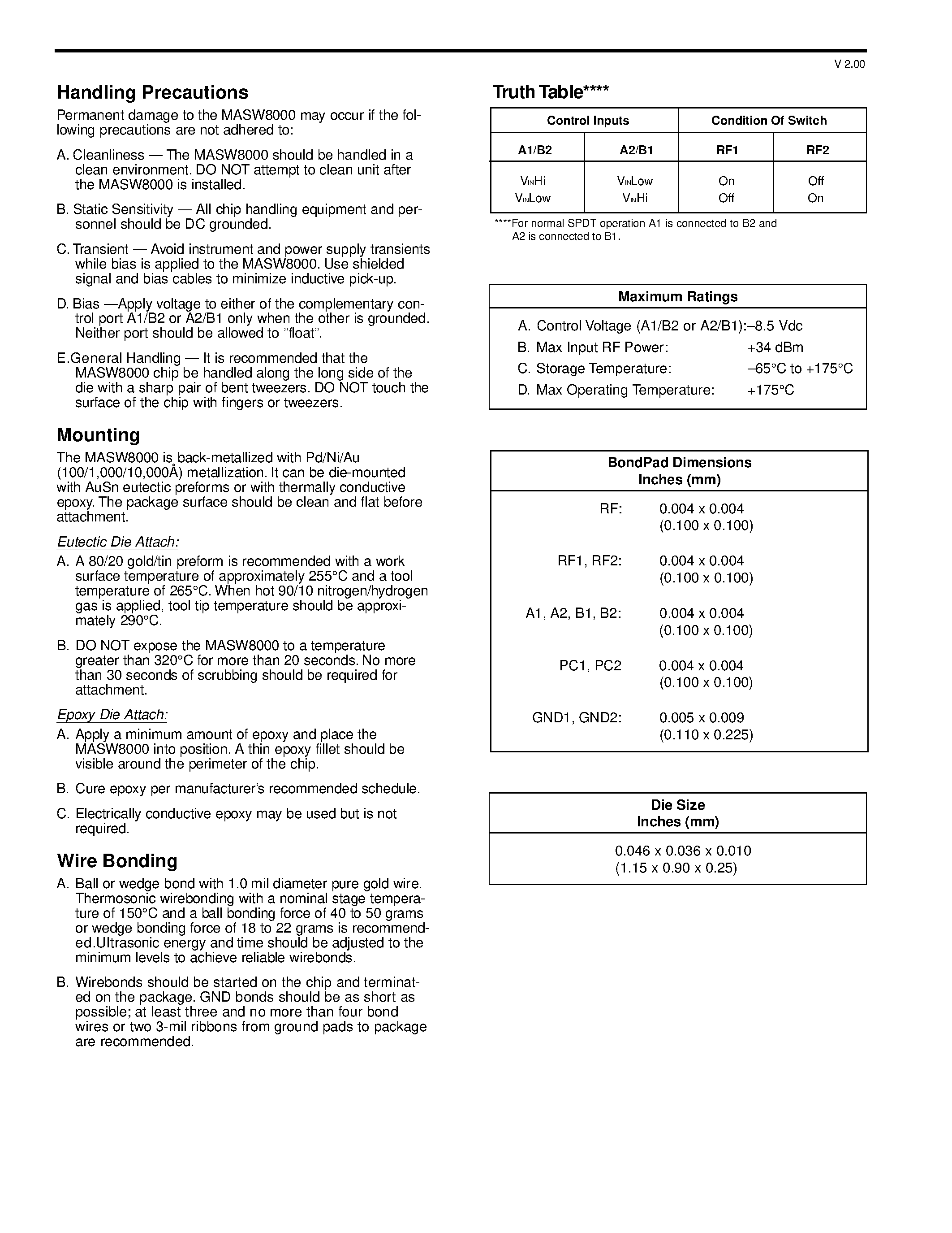 Datasheet MASW8000 page 2 Datasheet MASW8000 - GaAs SPDT Switch DC - 8 GHz page 2