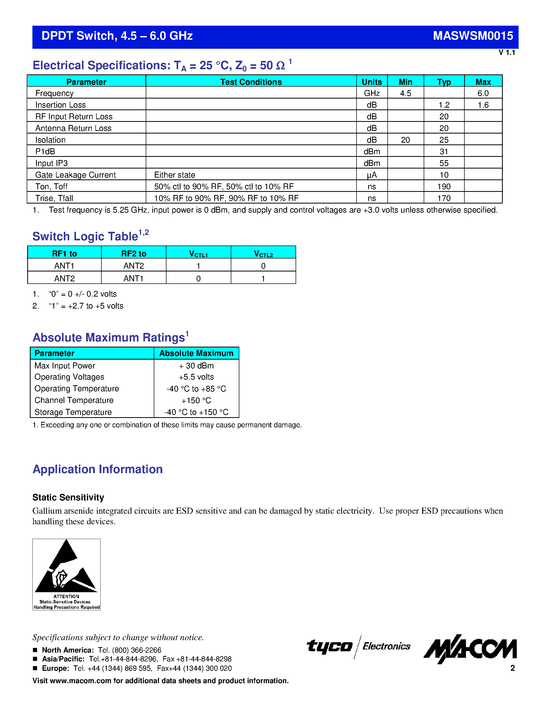 Datasheet MASWSM0015SMB - DPDT Switch / 4.5 - 6.0 GHz page 2