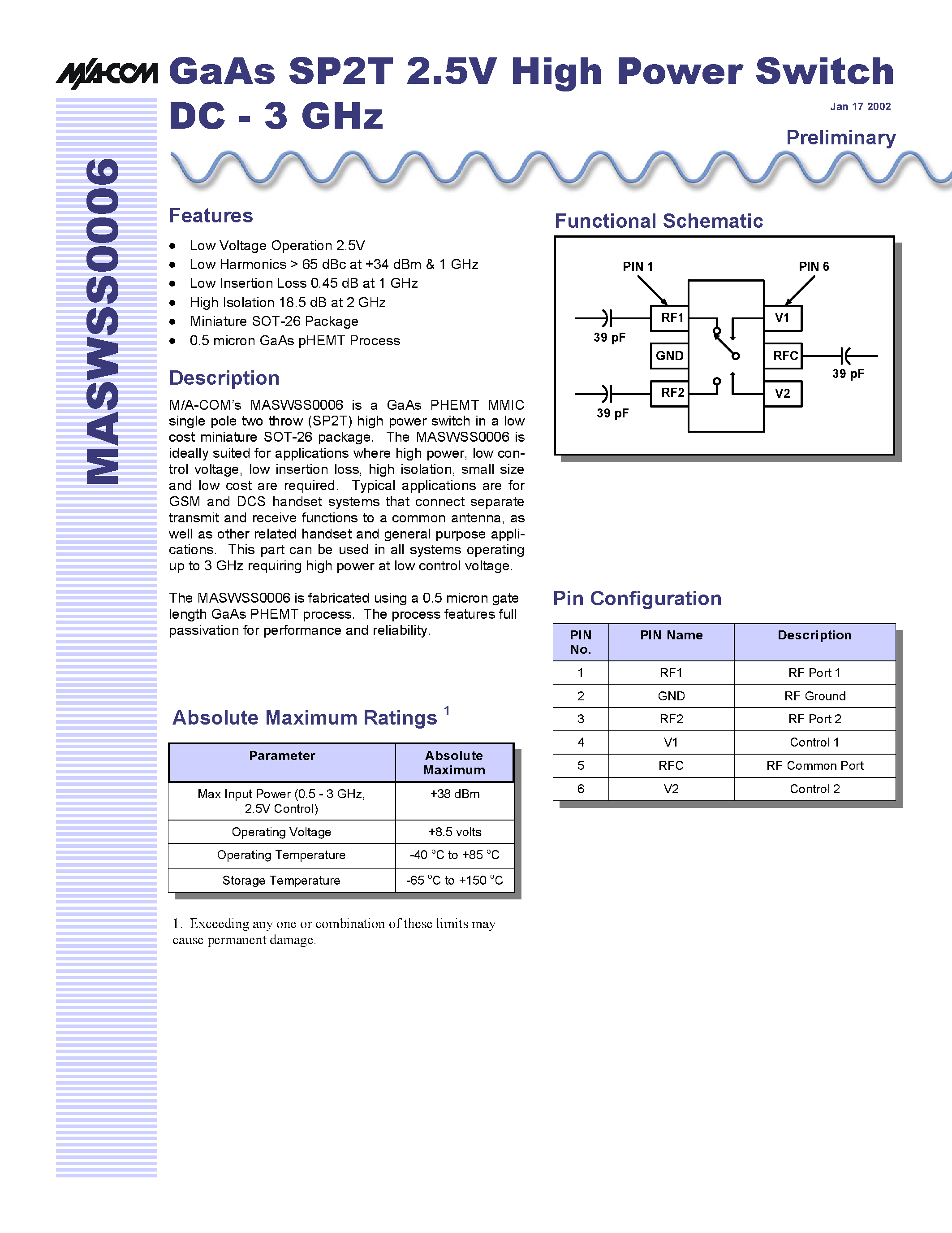 Datasheet MASWSS0006TR - GaAs SP2T 2.5V High Power Switch DC - 3 GHz page 1
