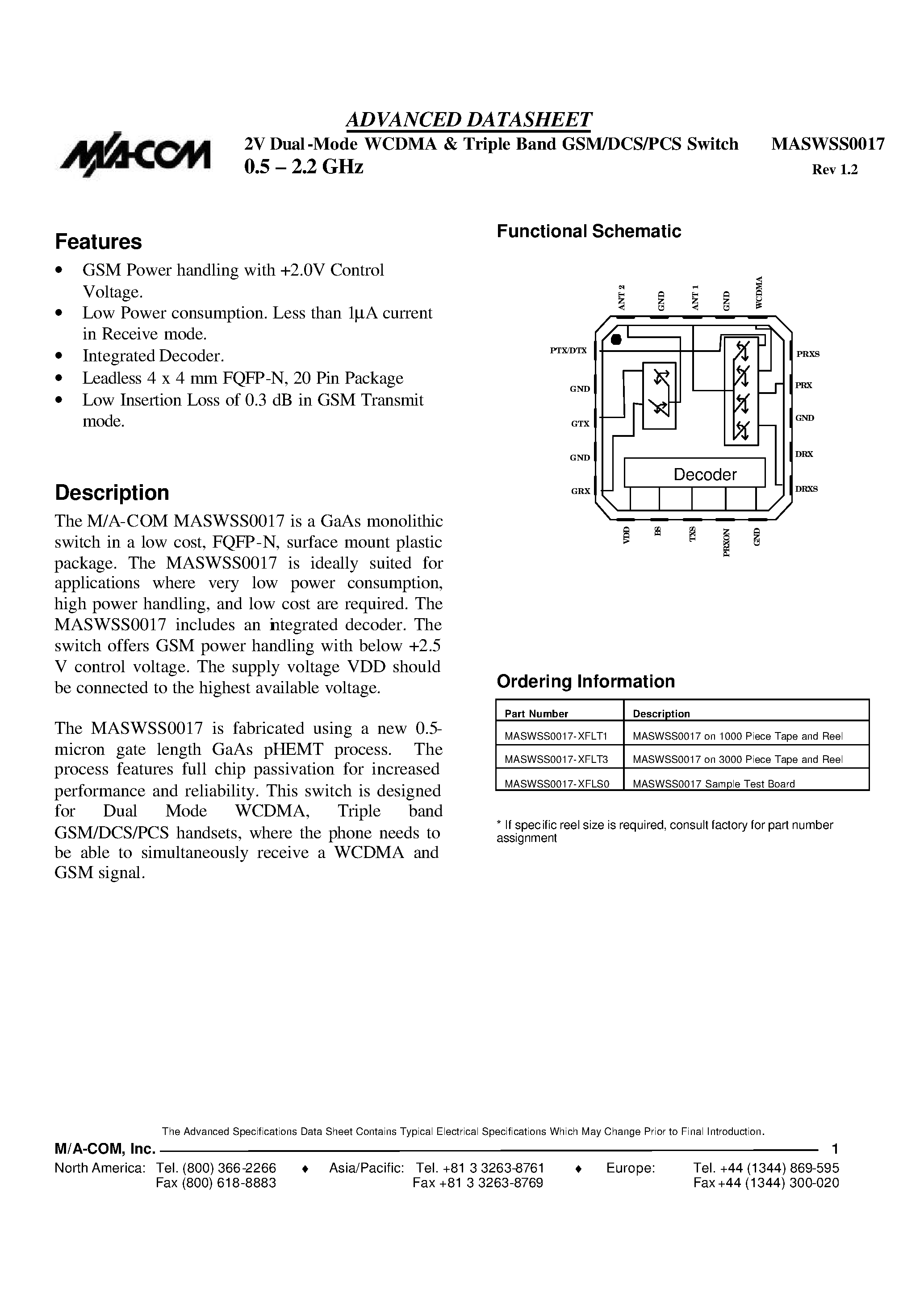 Datasheet MASWSS0017 - 2V Dual-Mode WCDMA & Triple Band GSM/DCS/PCS Switch 0.5 - 2.2 GHz page 1