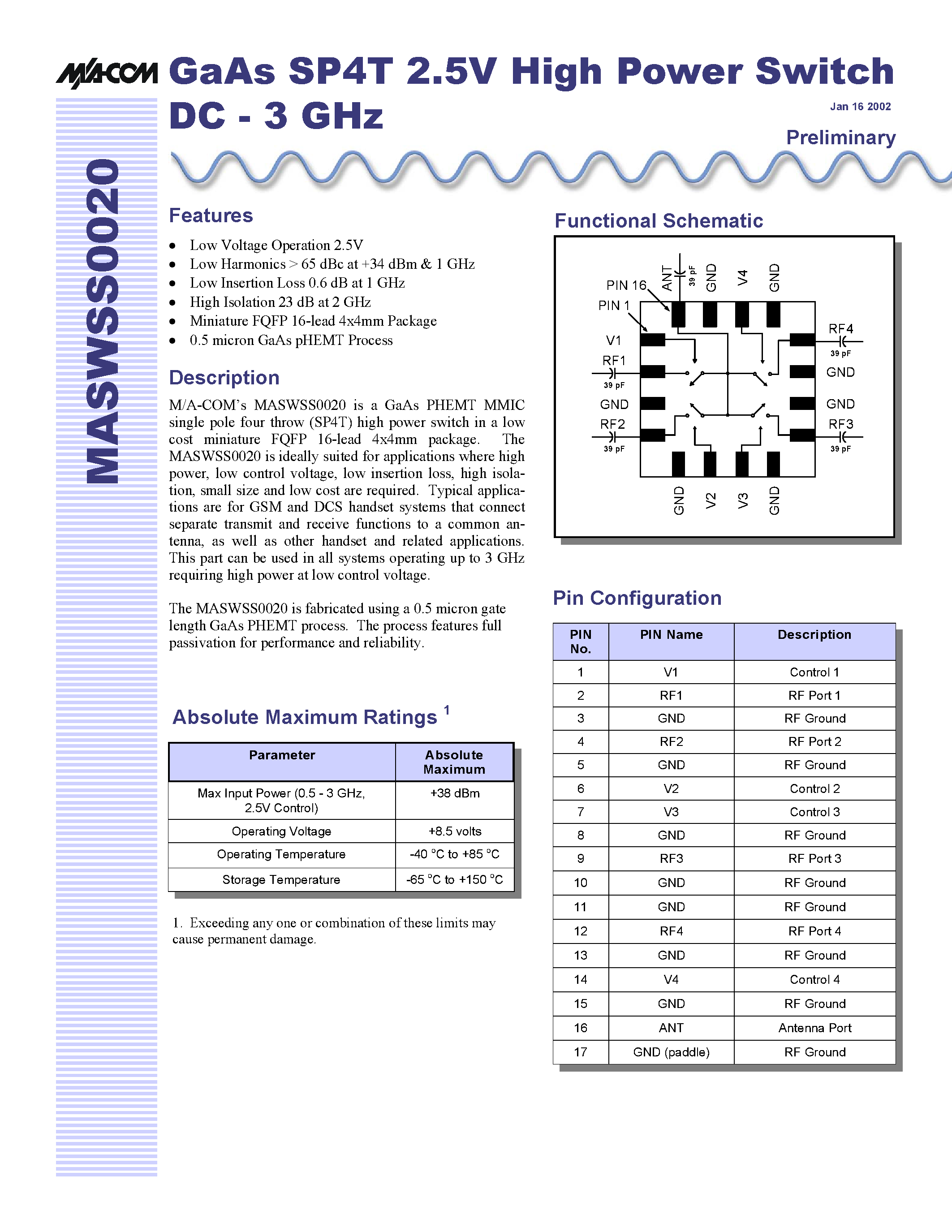 Datasheet MASWSS0020SMB - GaAs SP4T 2.5V High Power Switch DC - 3 GHz page 1