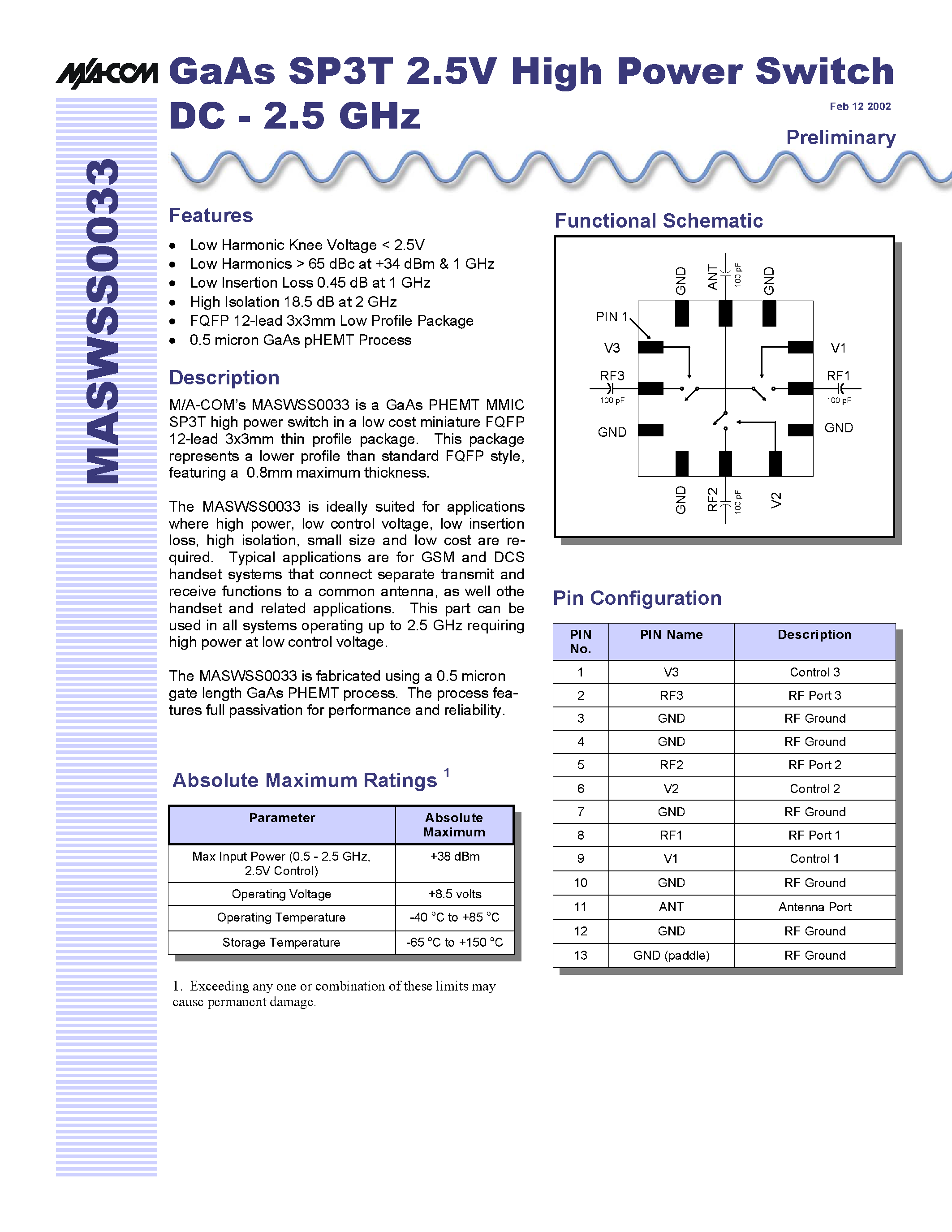 Datasheet MASWSS0033 page 1 Datasheet MASWSS0033 - GaAs SP3T 2.5V High Power Switch DC - 2.5 GHz page 1