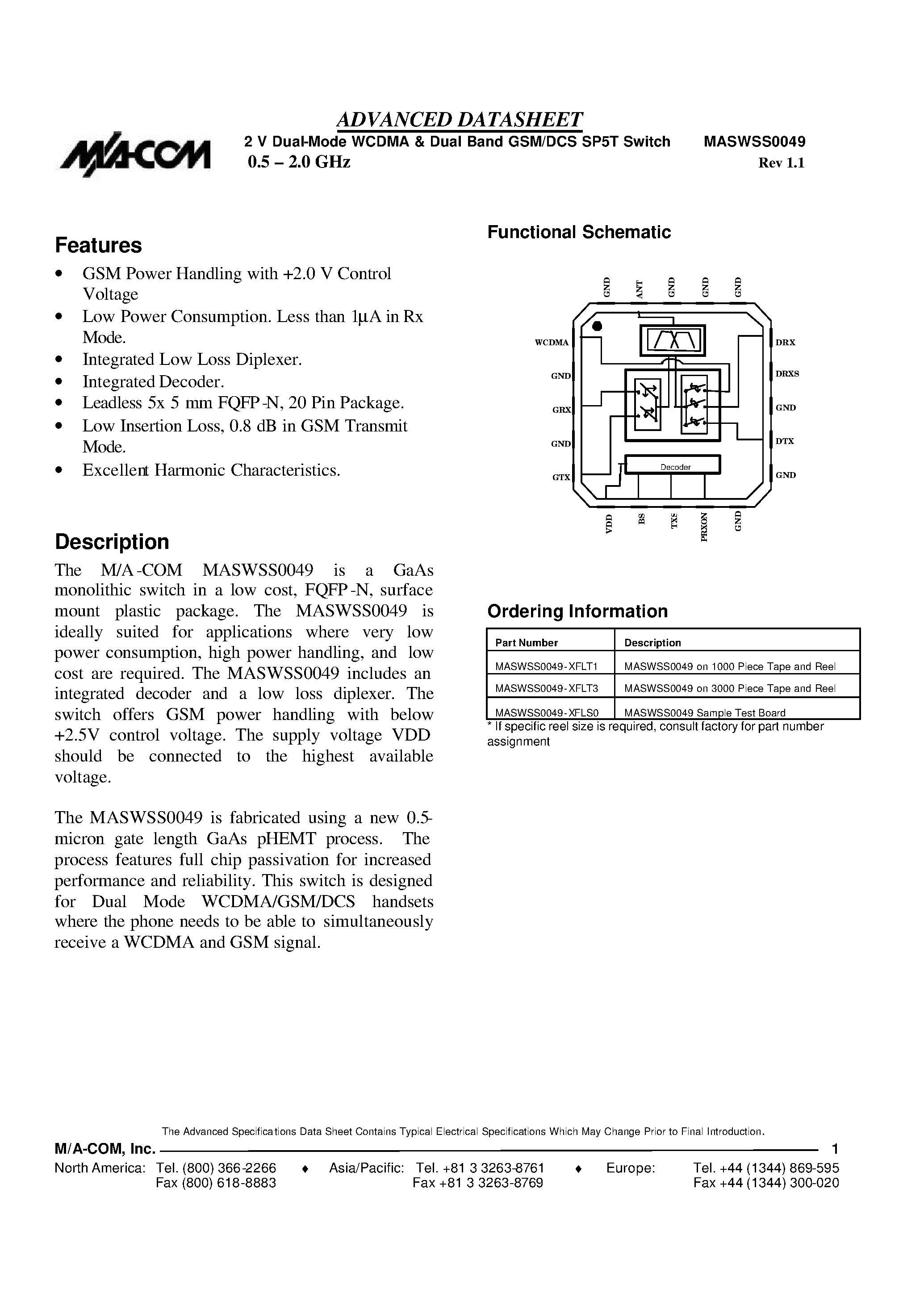 Даташит MASWSS0049 - 2 V Dual-Mode WCDMA & Dual Band GSM/DCS SP5T Switch 0.5 - 2.0 GHz страница 1