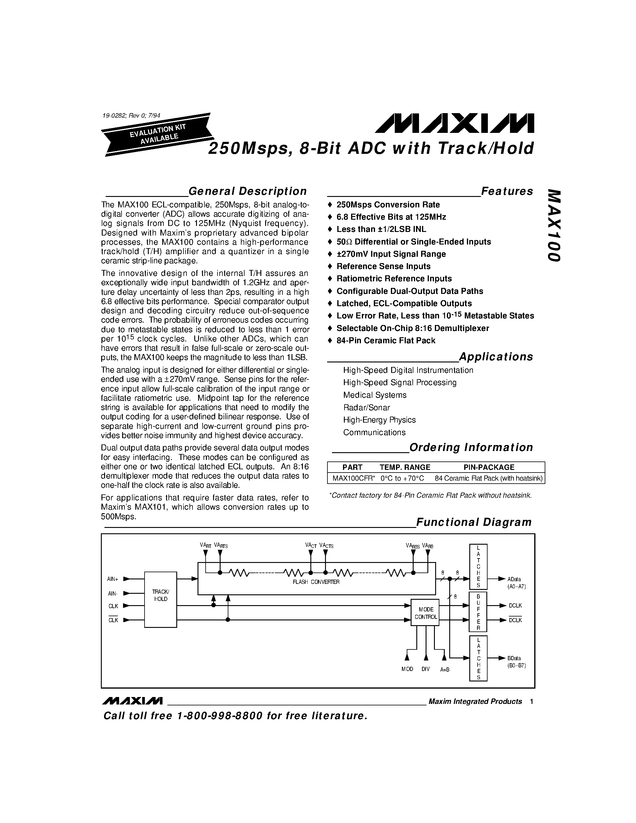 Datasheet MAX100 - 250Msps / 8-Bit ADC with Track/Hold page 1
