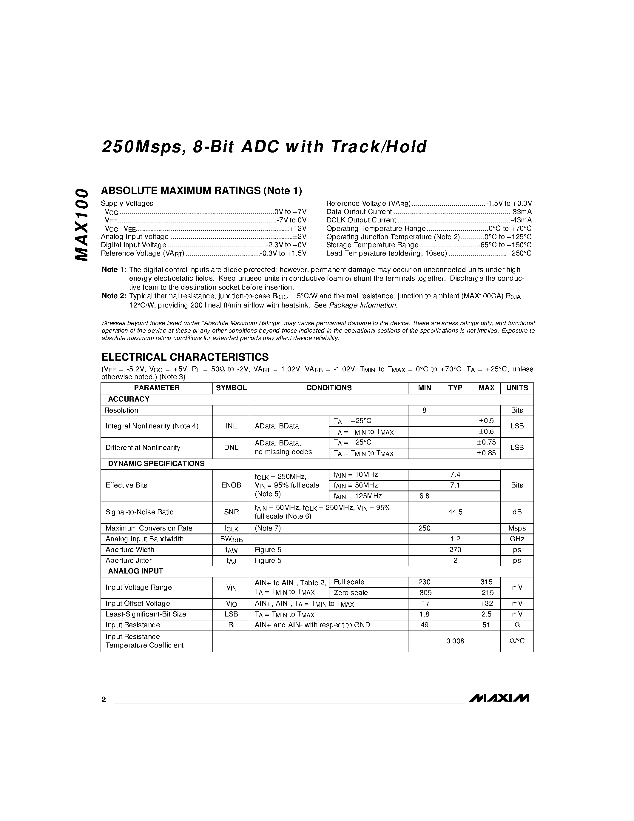 Datasheet MAX100 - 250Msps / 8-Bit ADC with Track/Hold page 2