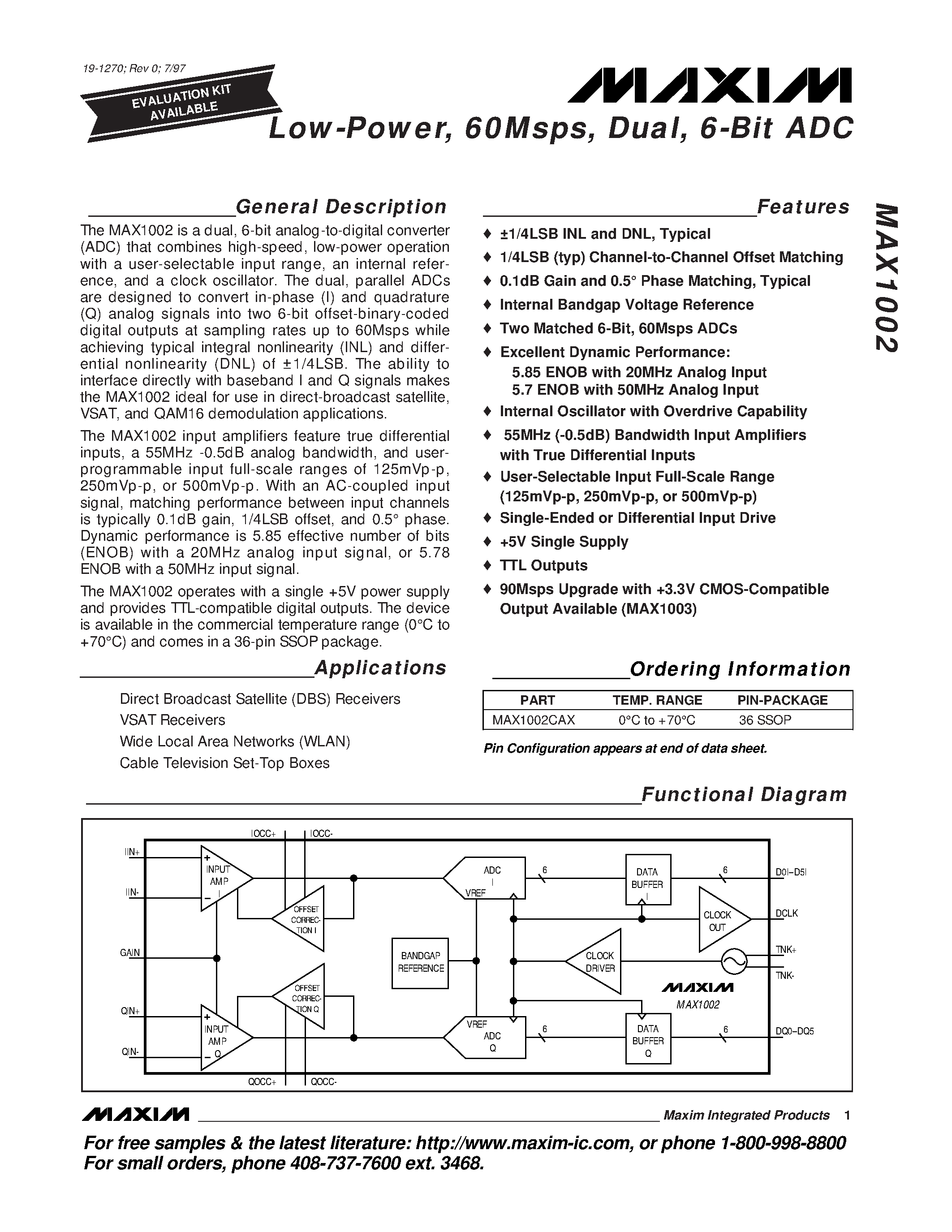 Datasheet MAX1002CAX - Low-Power / 60Msps / Dual / 6-Bit ADC page 1