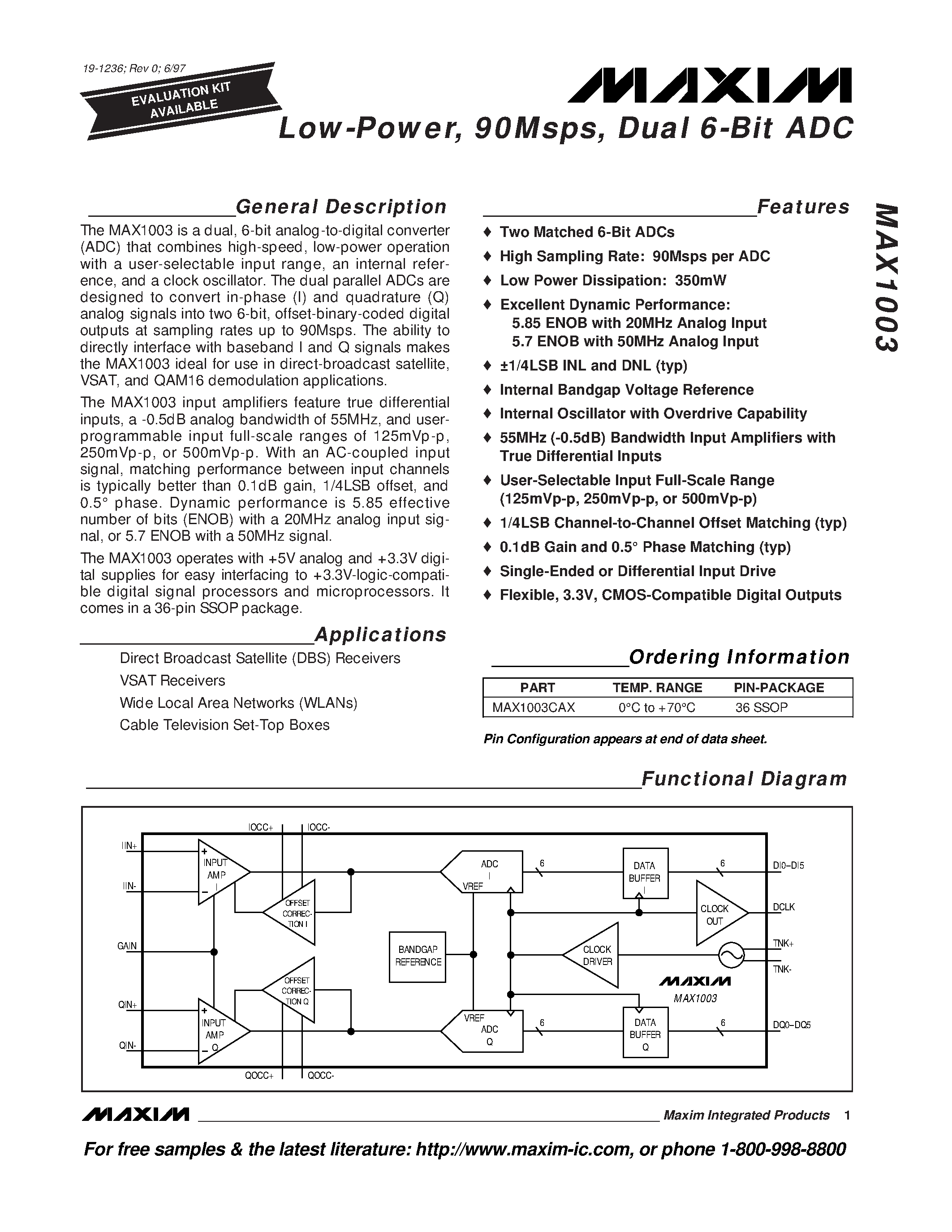 Datasheet MAX1003 page 1 Datasheet MAX1003 - Low-Power / 90Msps / Dual 6-Bit ADC page 1