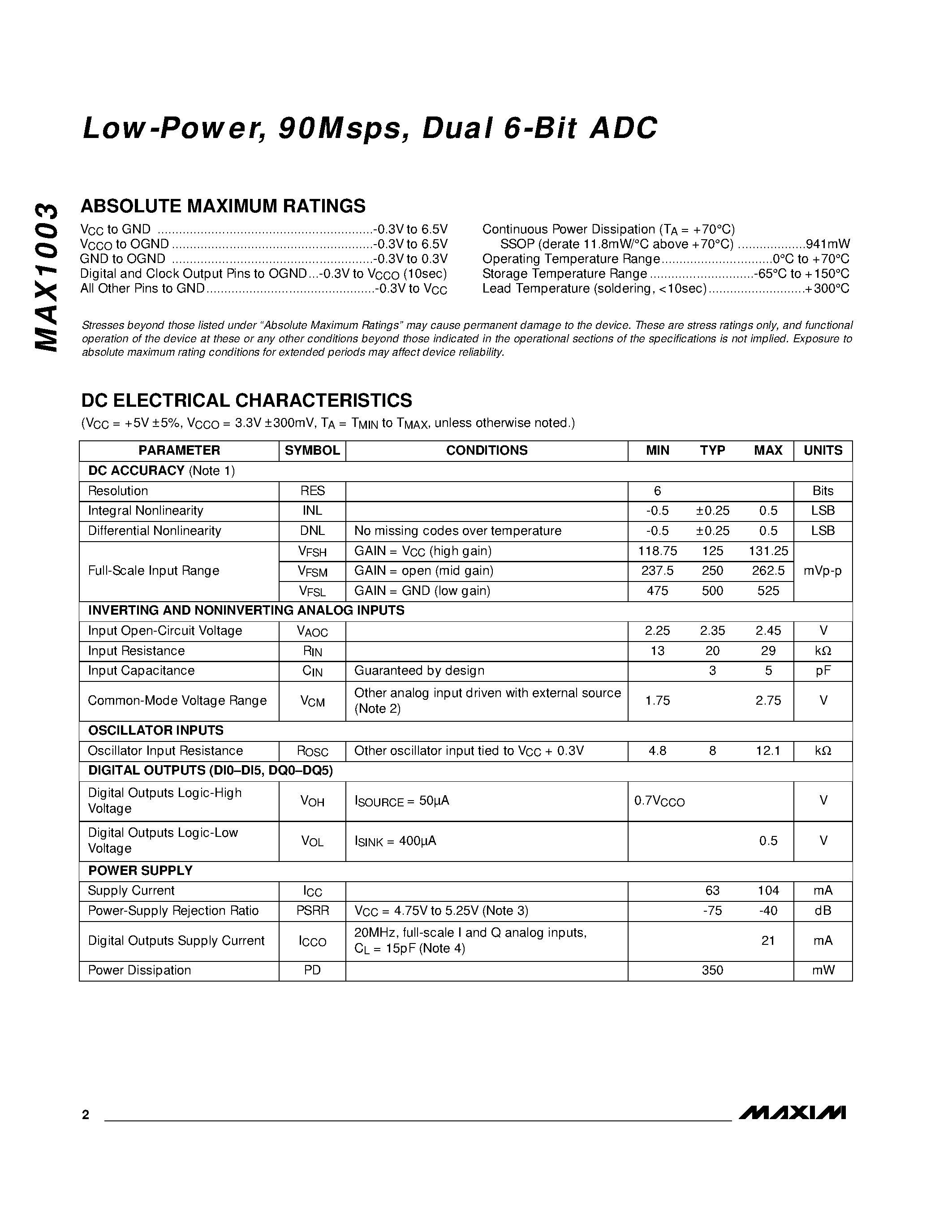 Datasheet MAX1003CAX page 2 Datasheet MAX1003CAX - Low-Power / 90Msps / Dual 6-Bit ADC page 2