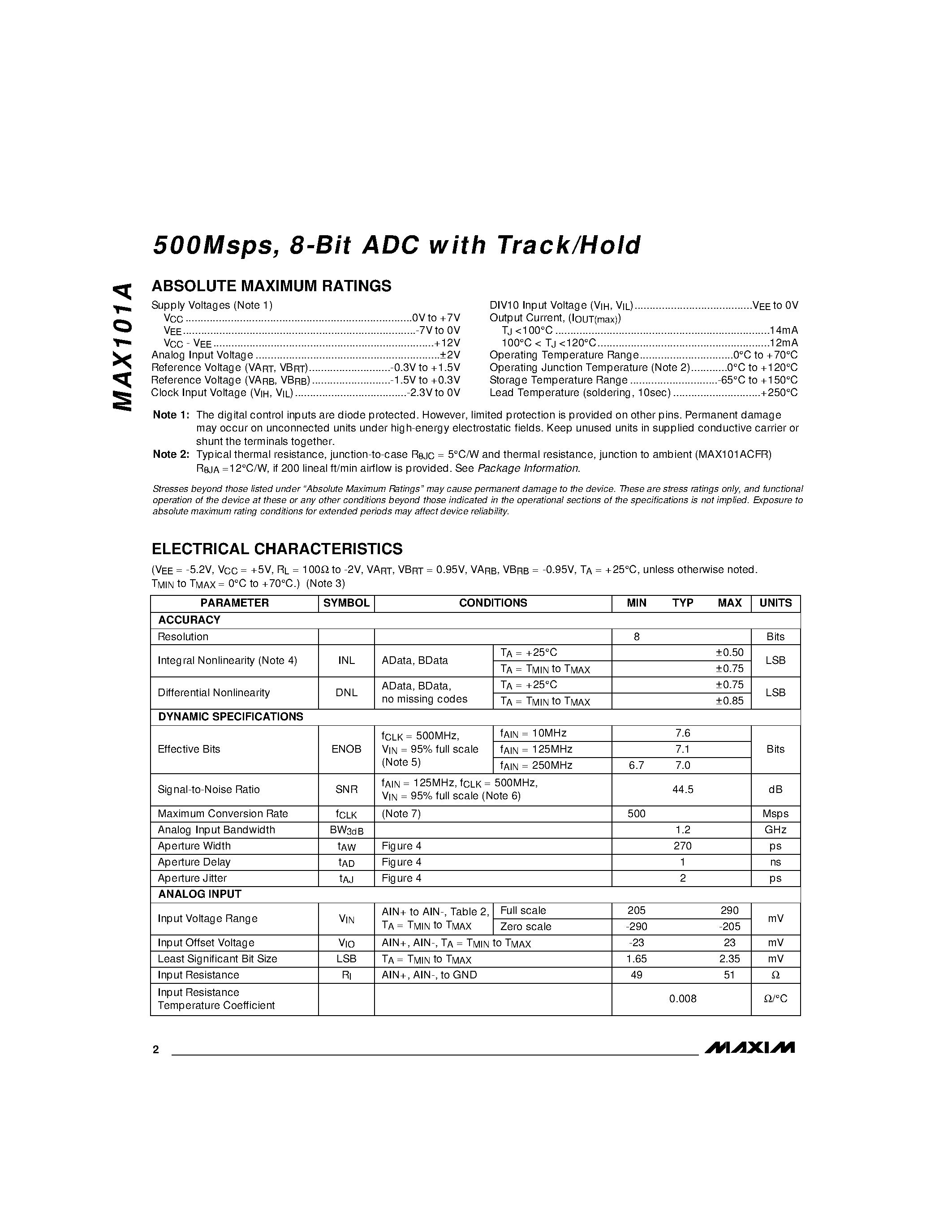 Datasheet MAX101 - 500Msps / 8-Bit ADC with Track/Hold page 2