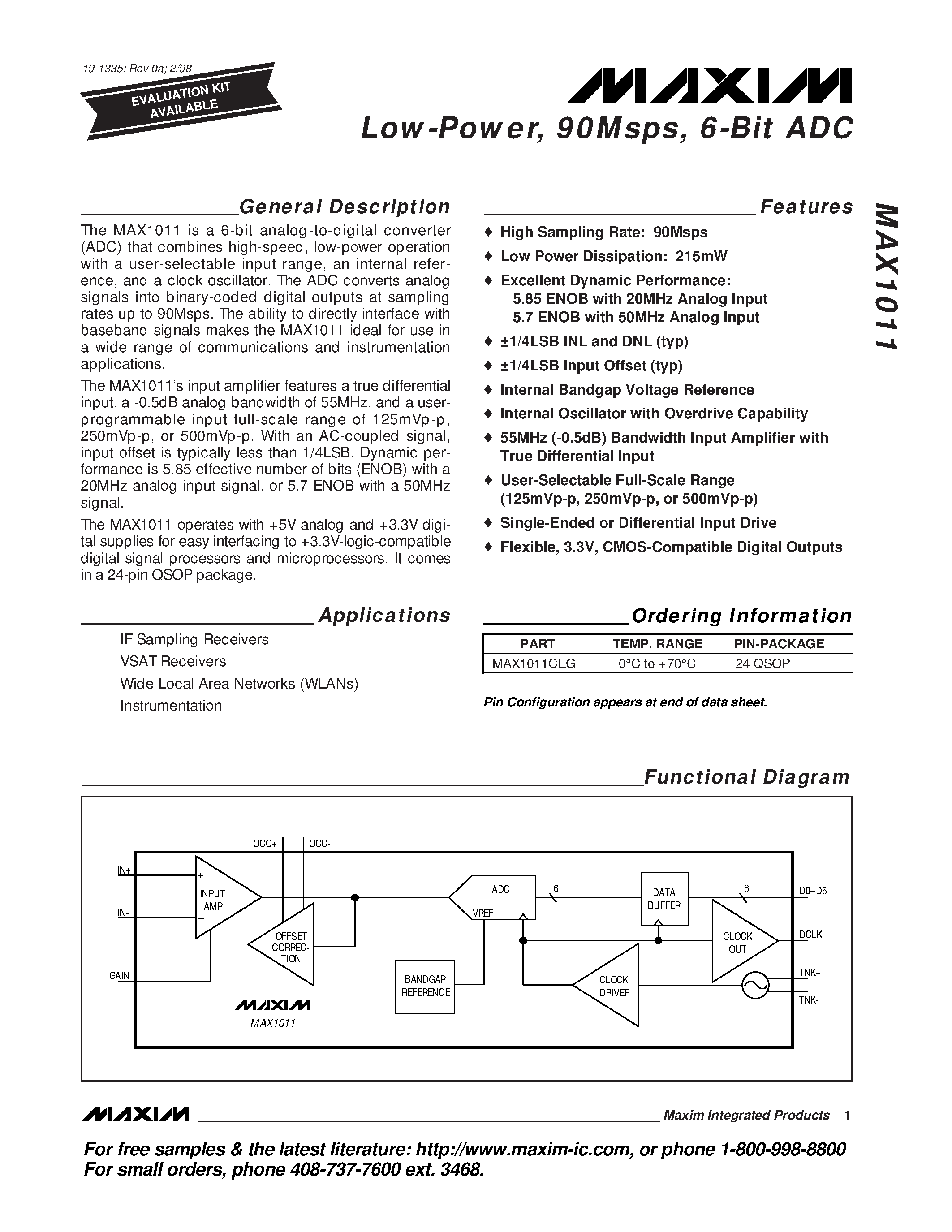 Datasheet MAX1011CEG - Low-Power / 90Msps / 6-Bit ADC page 1
