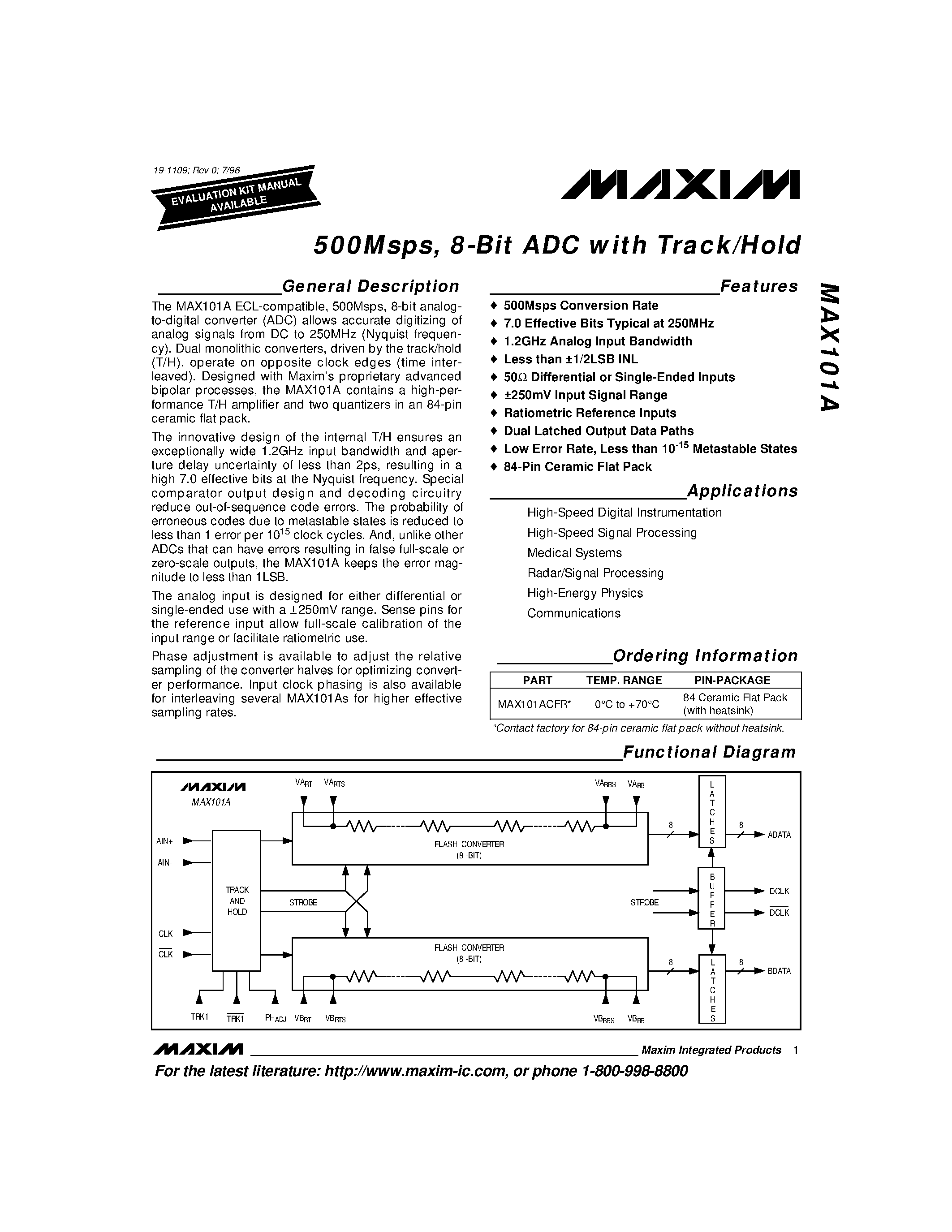 Datasheet MAX101A - 500Msps / 8-Bit ADC with Track/Hold page 1