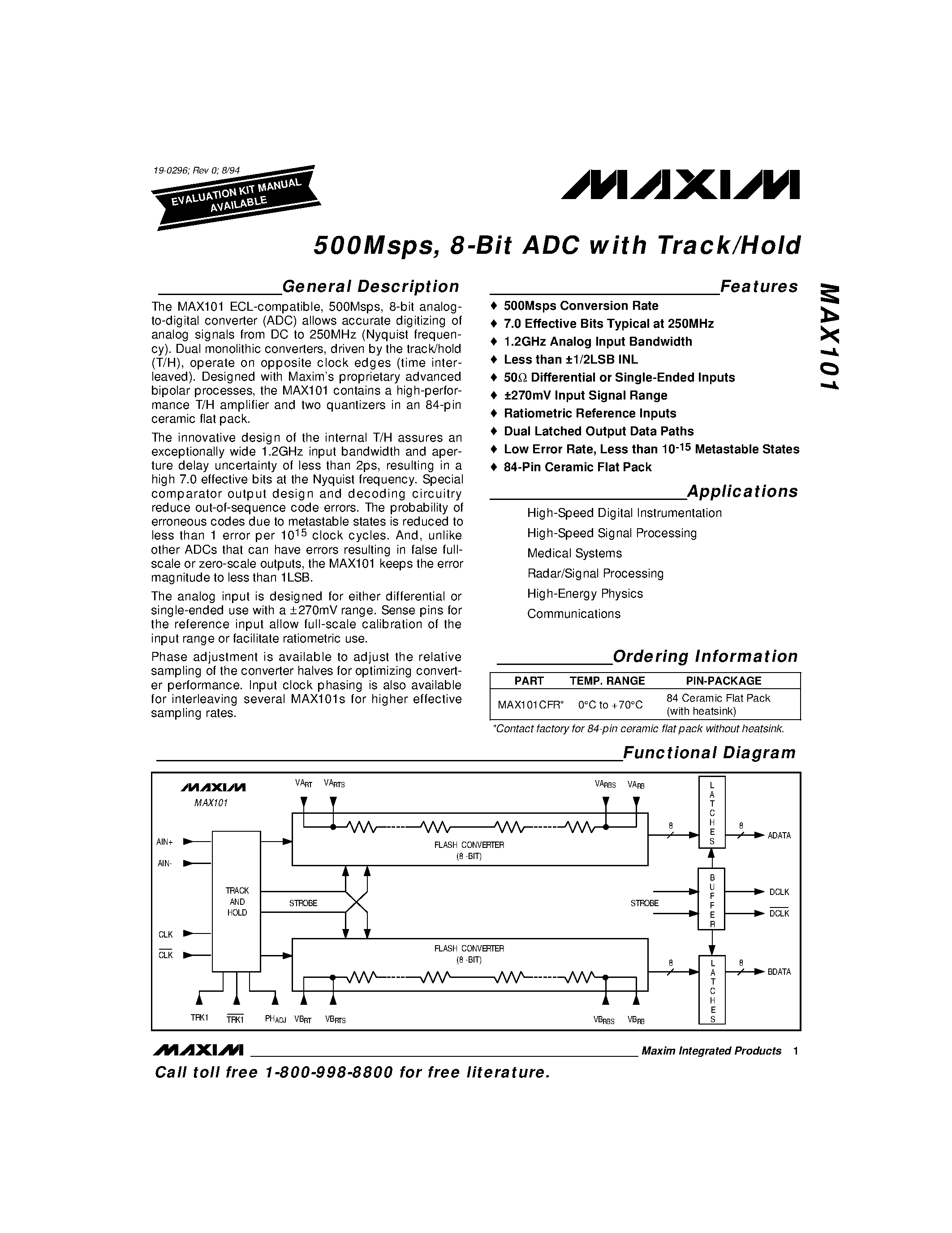 Datasheet MAX101CFR - 500Msps / 8-Bit ADC with Track/Hold page 1