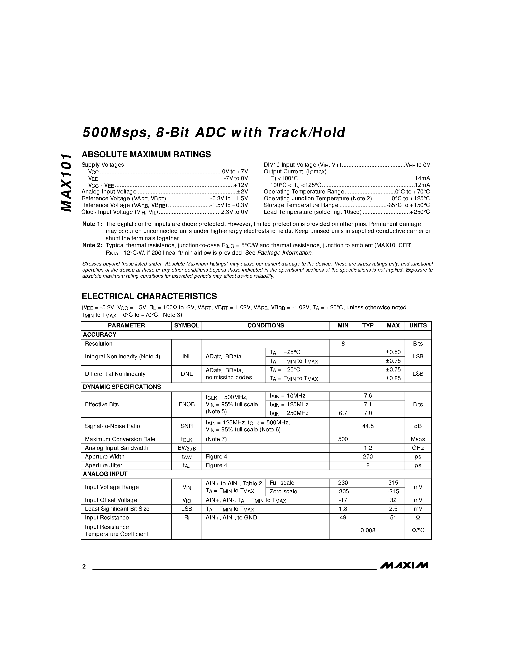 Datasheet MAX101CFR - 500Msps / 8-Bit ADC with Track/Hold page 2