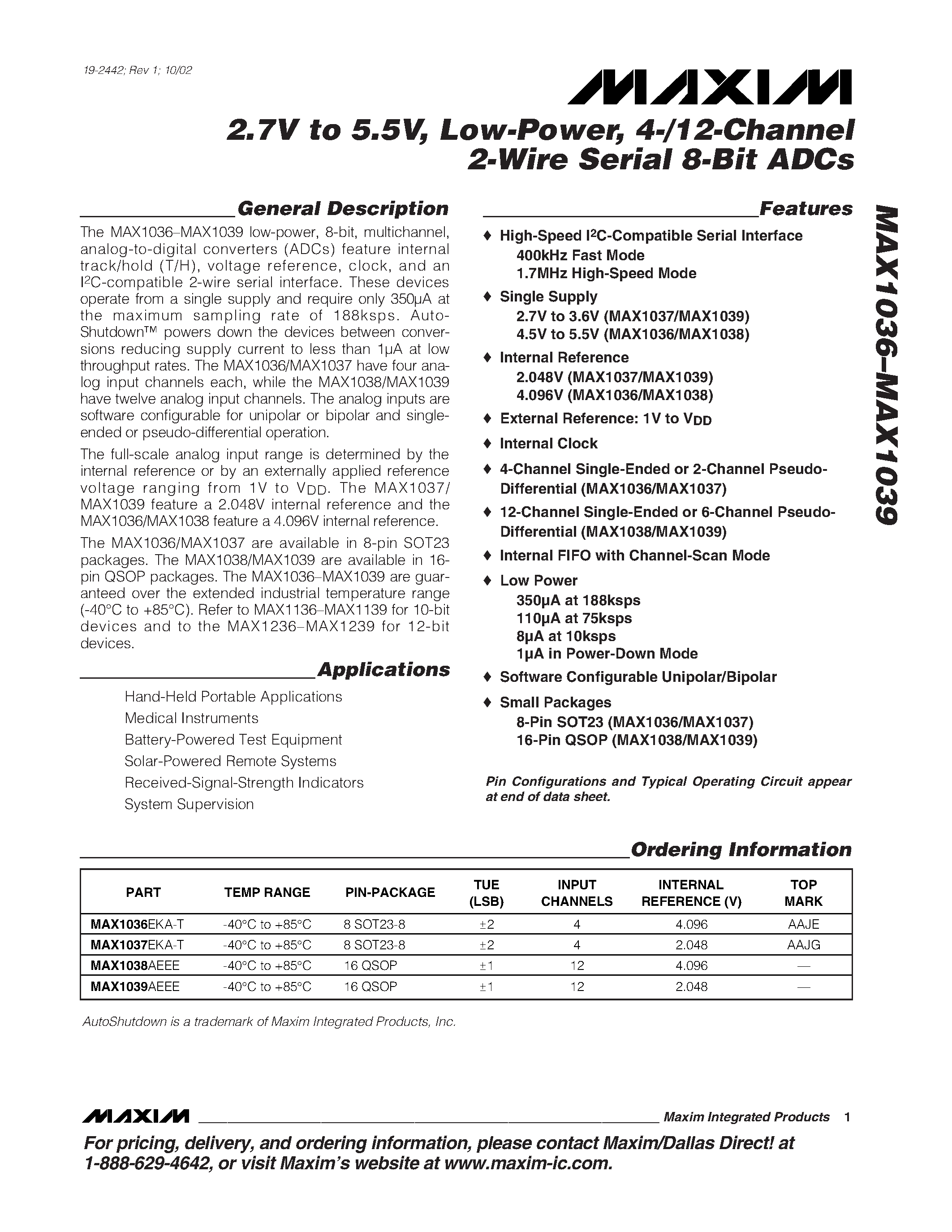Datasheet MAX1036 - 2.7V to 5.5V / Low-Power / 4-/12-Channel 2-Wire Serial 8-Bit ADCs page 1