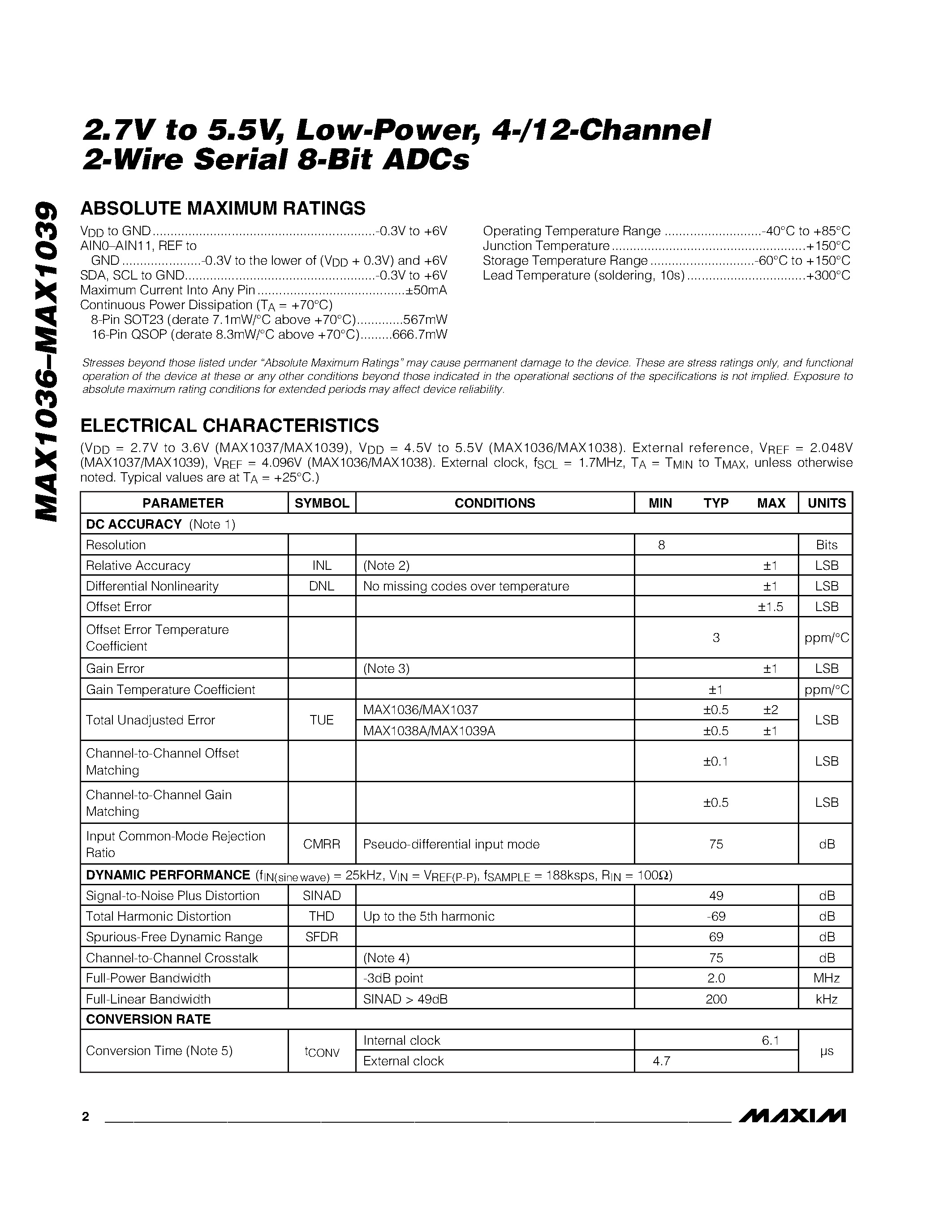 Datasheet MAX1037 - 2.7V to 5.5V / Low-Power / 4-/12-Channel 2-Wire Serial 8-Bit ADCs page 2