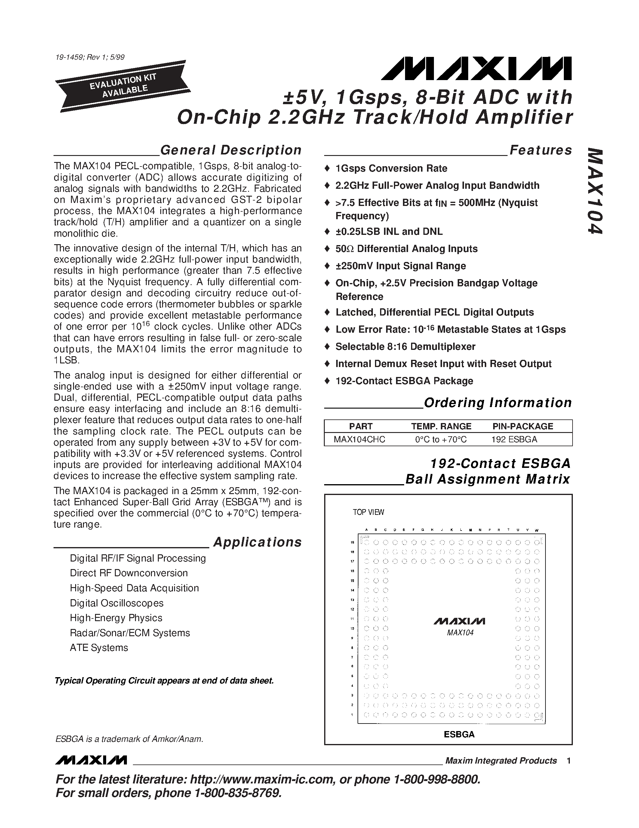 Datasheet MAX104 - 5V / 1Gsps / 8-Bit ADC with On-Chip 2.2GHz Track/Hold Amplifier page 1