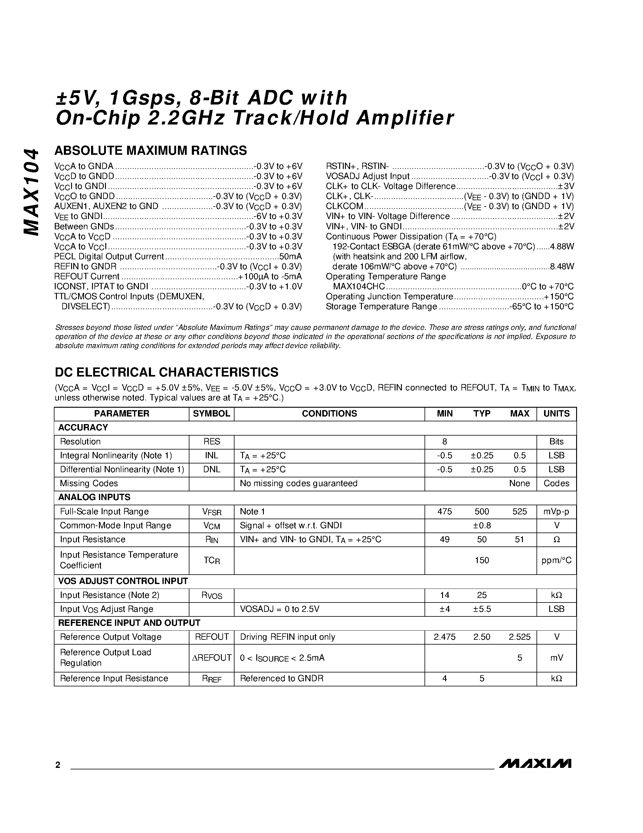 Datasheet MAX104 - 5V / 1Gsps / 8-Bit ADC with On-Chip 2.2GHz Track/Hold Amplifier page 2