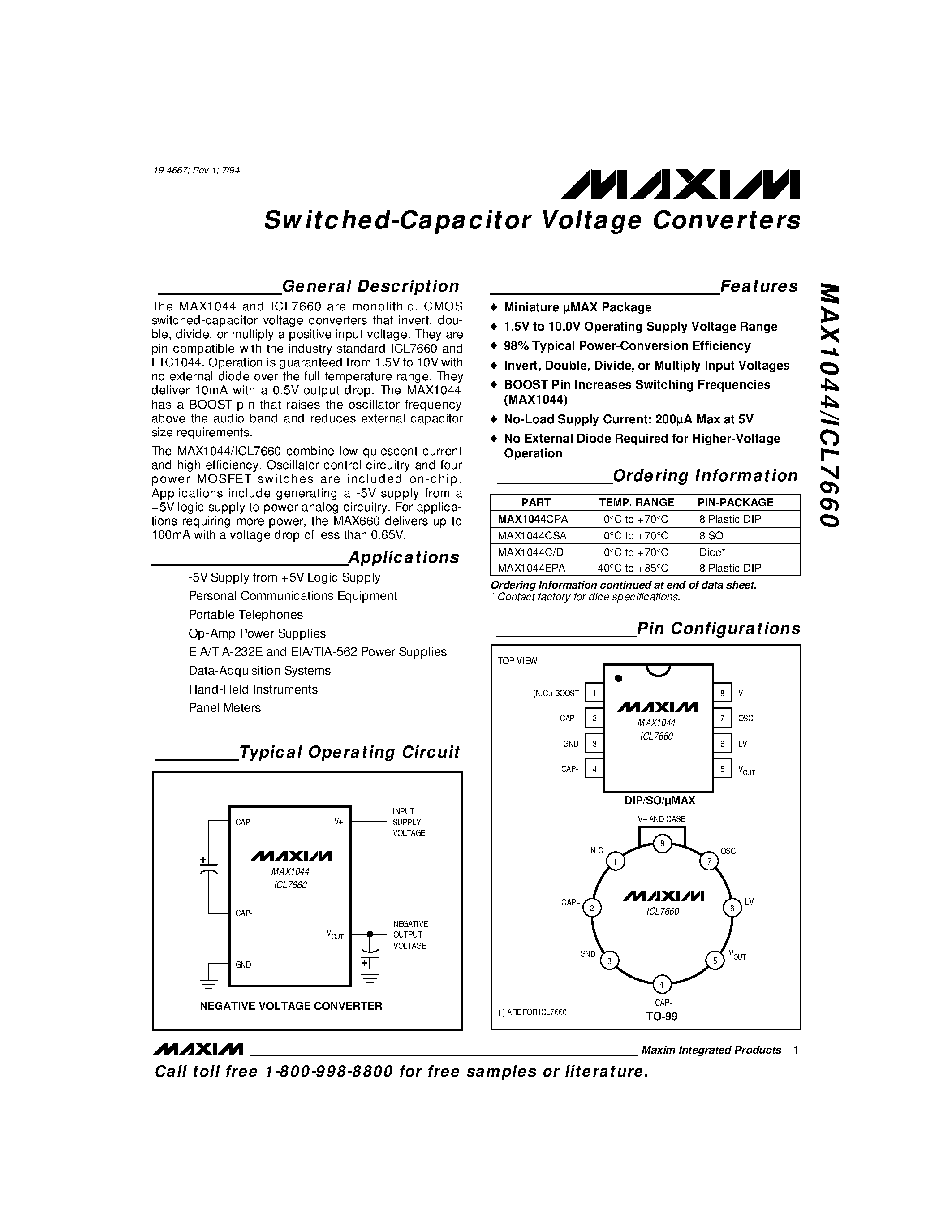 Datasheet MAX1044EPA - Switched-Capacitor Voltage Converters page 1