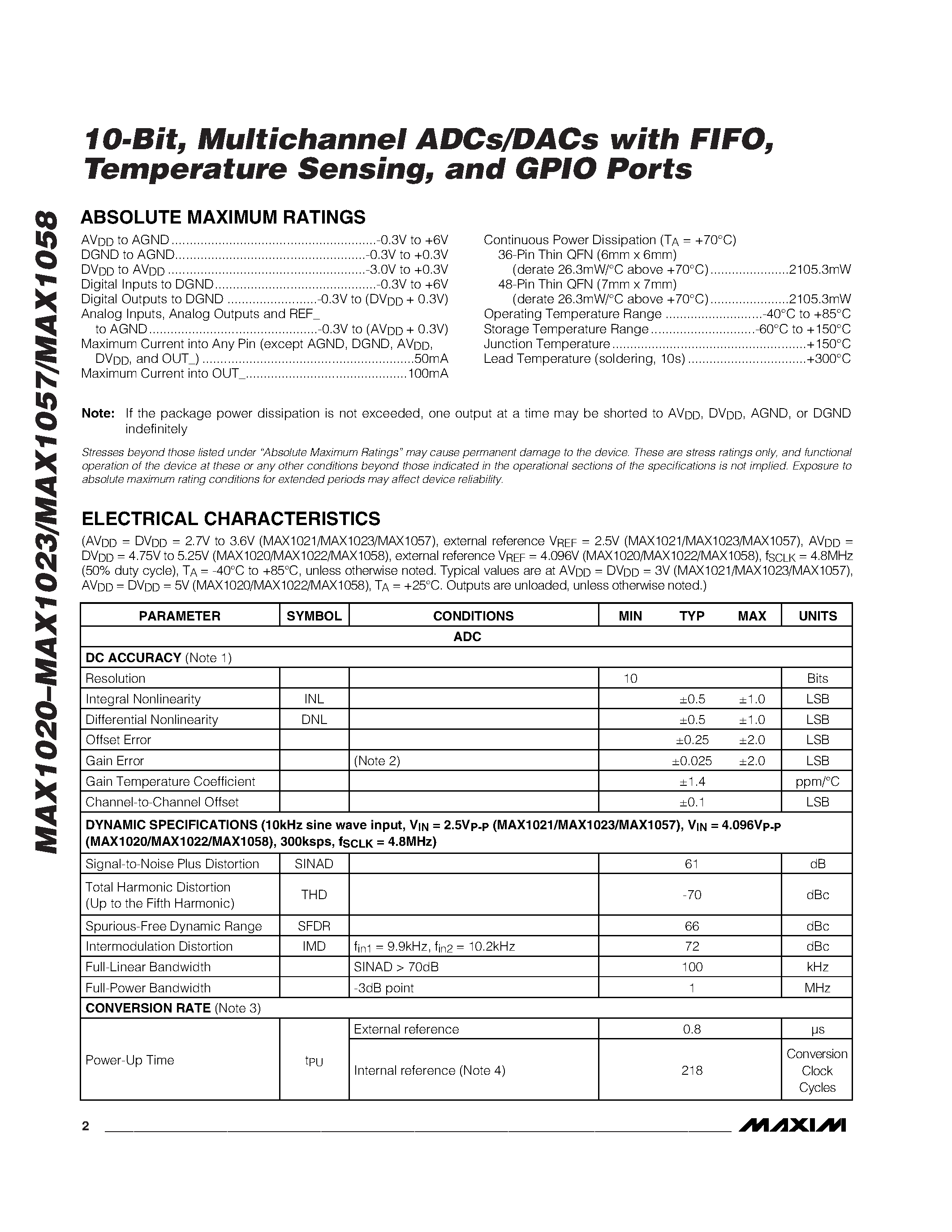 Даташит MAX1057BETM - 10-Bit / Multichannel ADCs/DACs with FIFO / Temperature Sensing / and GPIO Ports страница 2