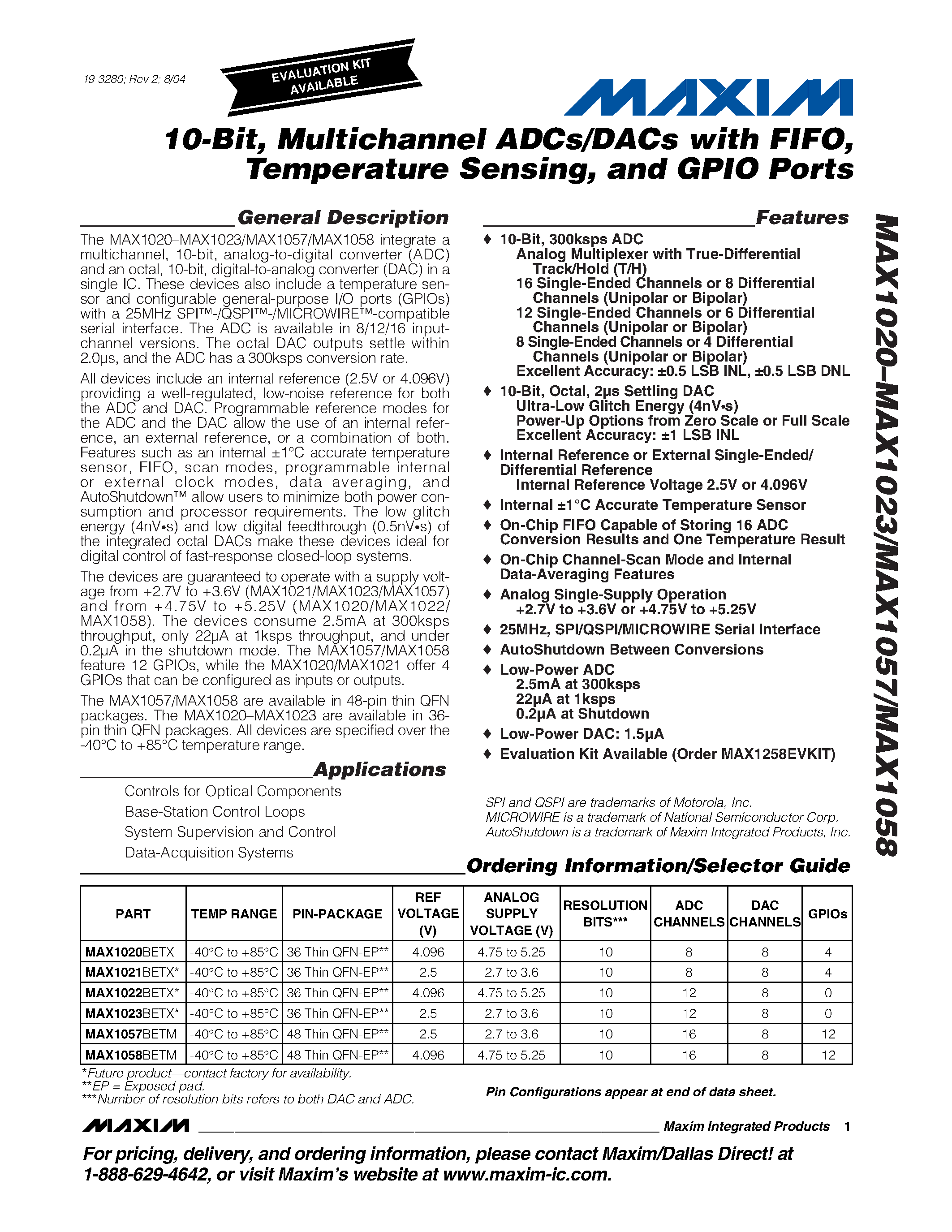 Даташит MAX1058BETM - 10-Bit / Multichannel ADCs/DACs with FIFO / Temperature Sensing / and GPIO Ports страница 1