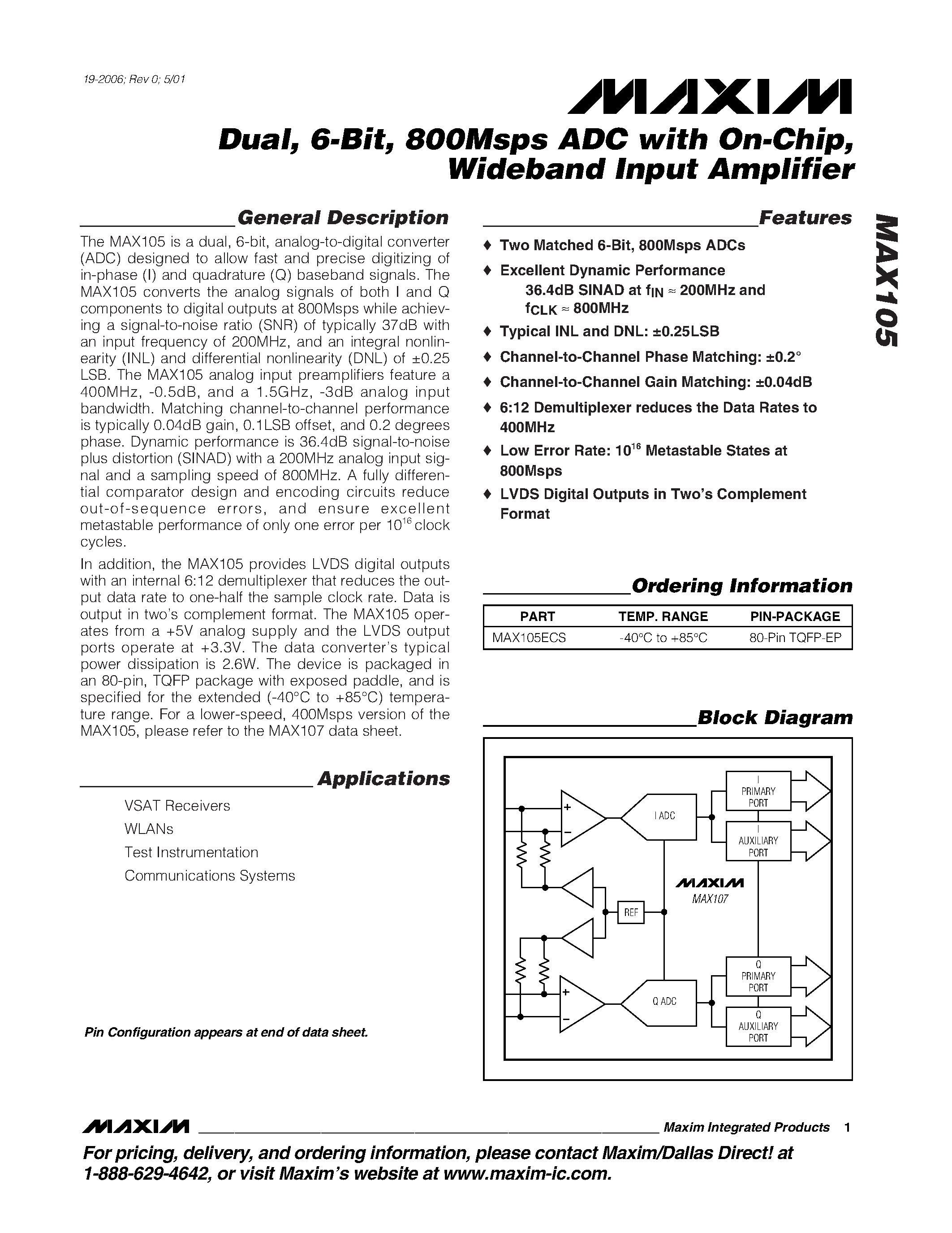 Datasheet MAX105ECS - Dual / 6-Bit / 800Msps ADC with On-Chip / Wideband Input Amplifier page 1
