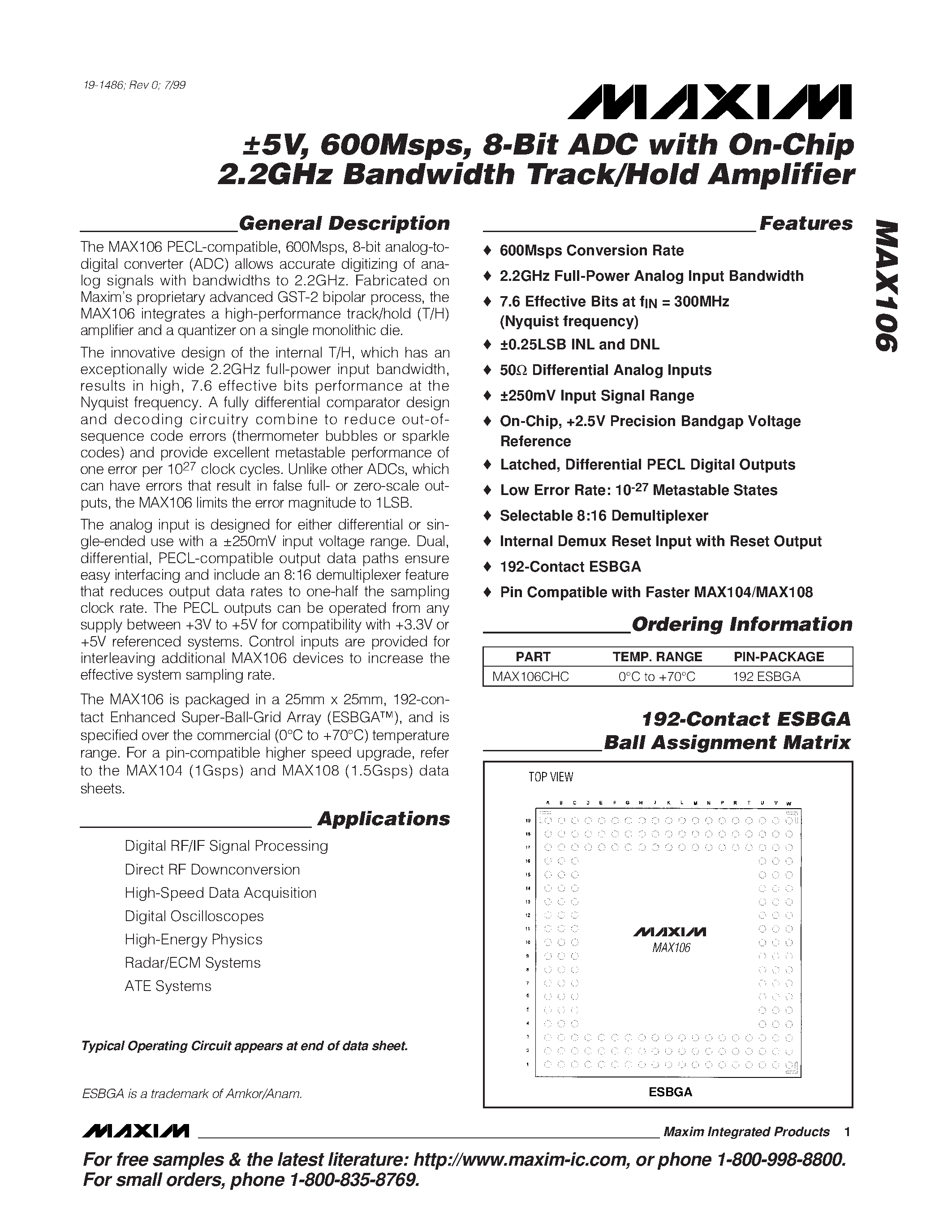 Datasheet MAX106 - 5V / 600Msps / 8-Bit ADC with On-Chip 2.2GHz Bandwidth Track/Hold Amplifier page 1