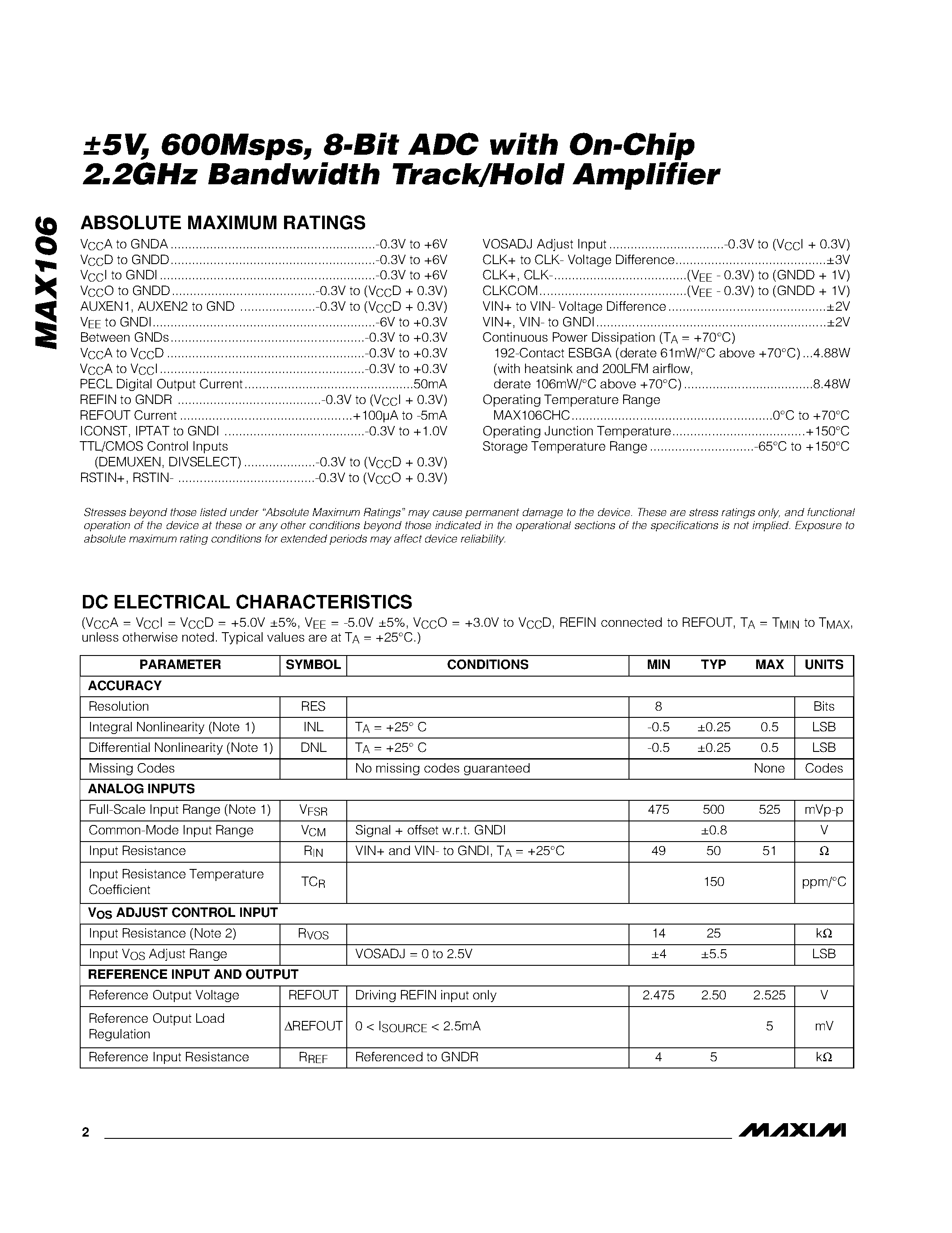 Datasheet MAX106 - 5V / 600Msps / 8-Bit ADC with On-Chip 2.2GHz Bandwidth Track/Hold Amplifier page 2