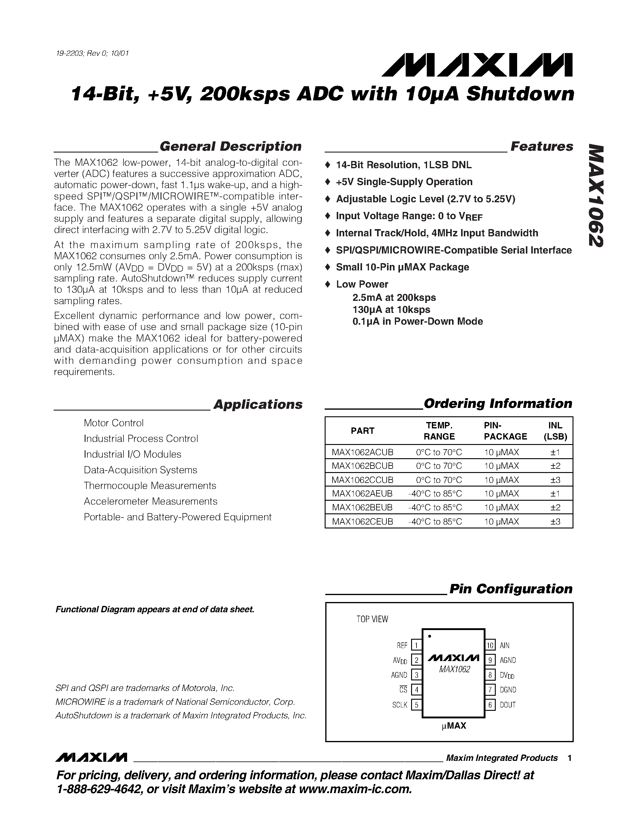 Даташит MAX1062AEUB - 14-Bit / %V / 200ksps ADC with 10A Shutdown страница 1