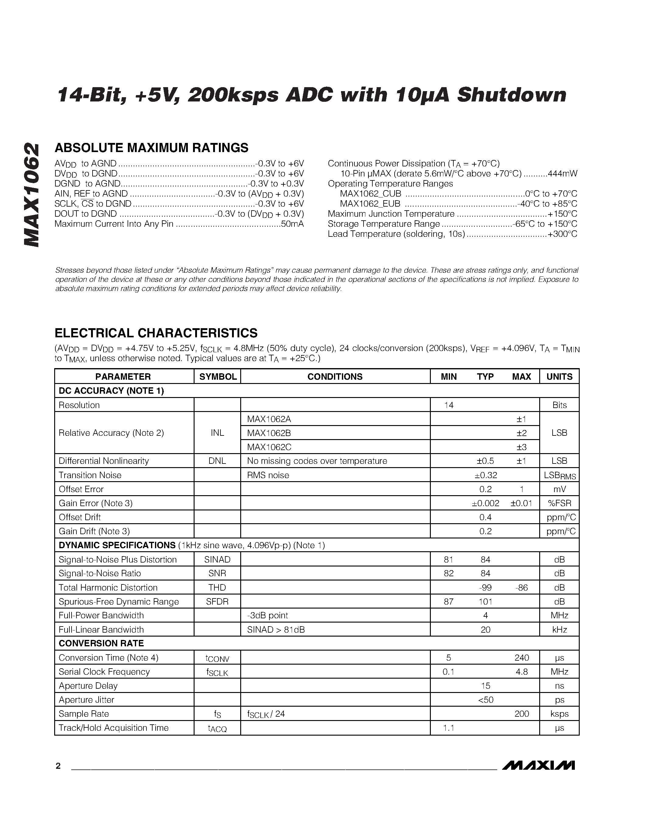 Даташит MAX1062BEUB - 14-Bit / %V / 200ksps ADC with 10A Shutdown страница 2