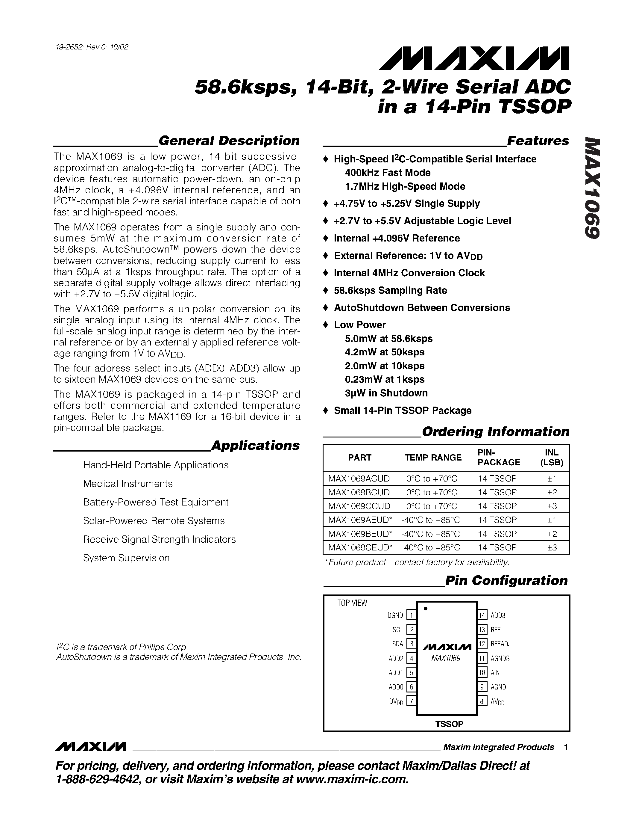 Datasheet MAX1069BCUD - 58.6ksps / 14-Bit / 2-Wire Serial ADC page 1