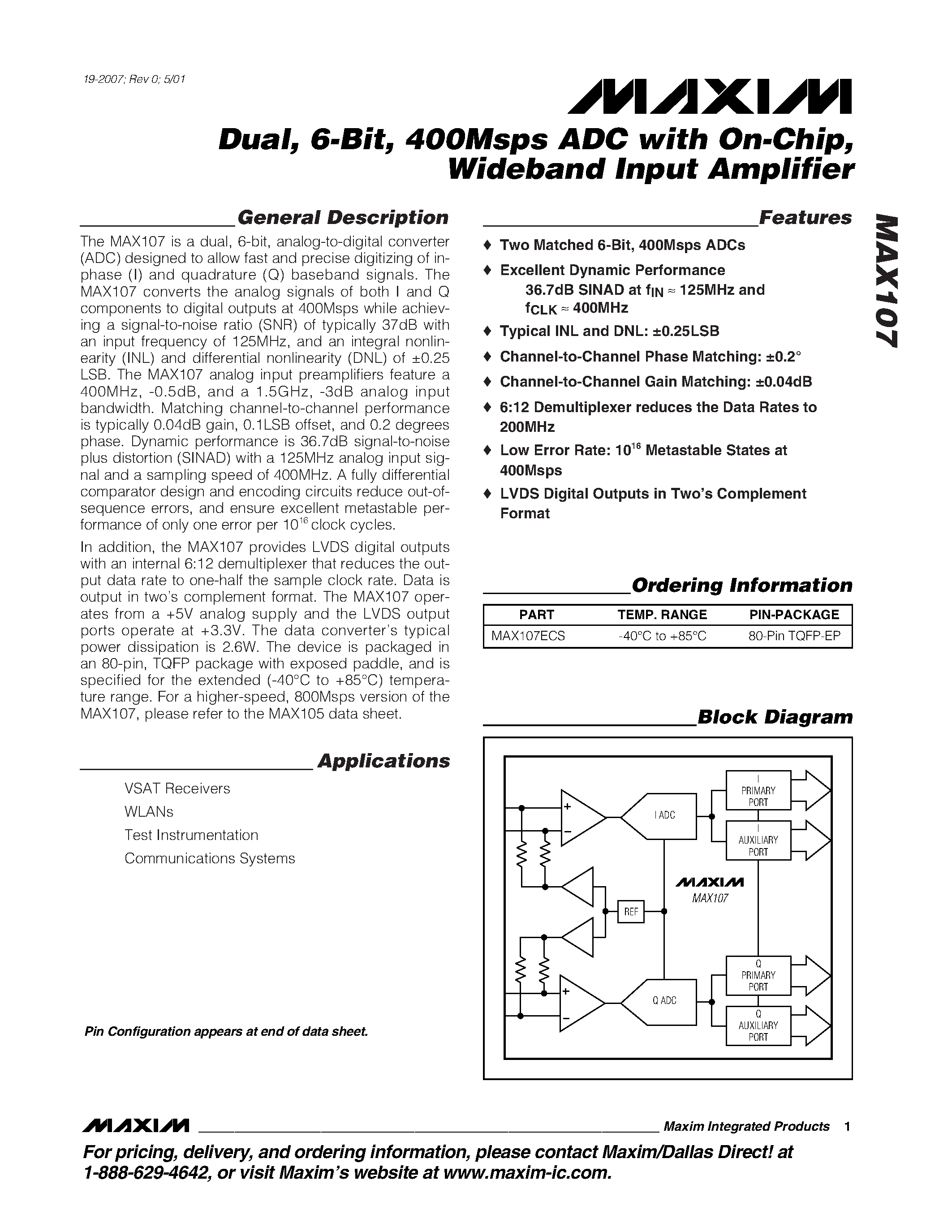 Datasheet MAX107 - Dual / 6-Bit / 400Msps ADC with On-Chip / Wideband Input Amplifier page 1