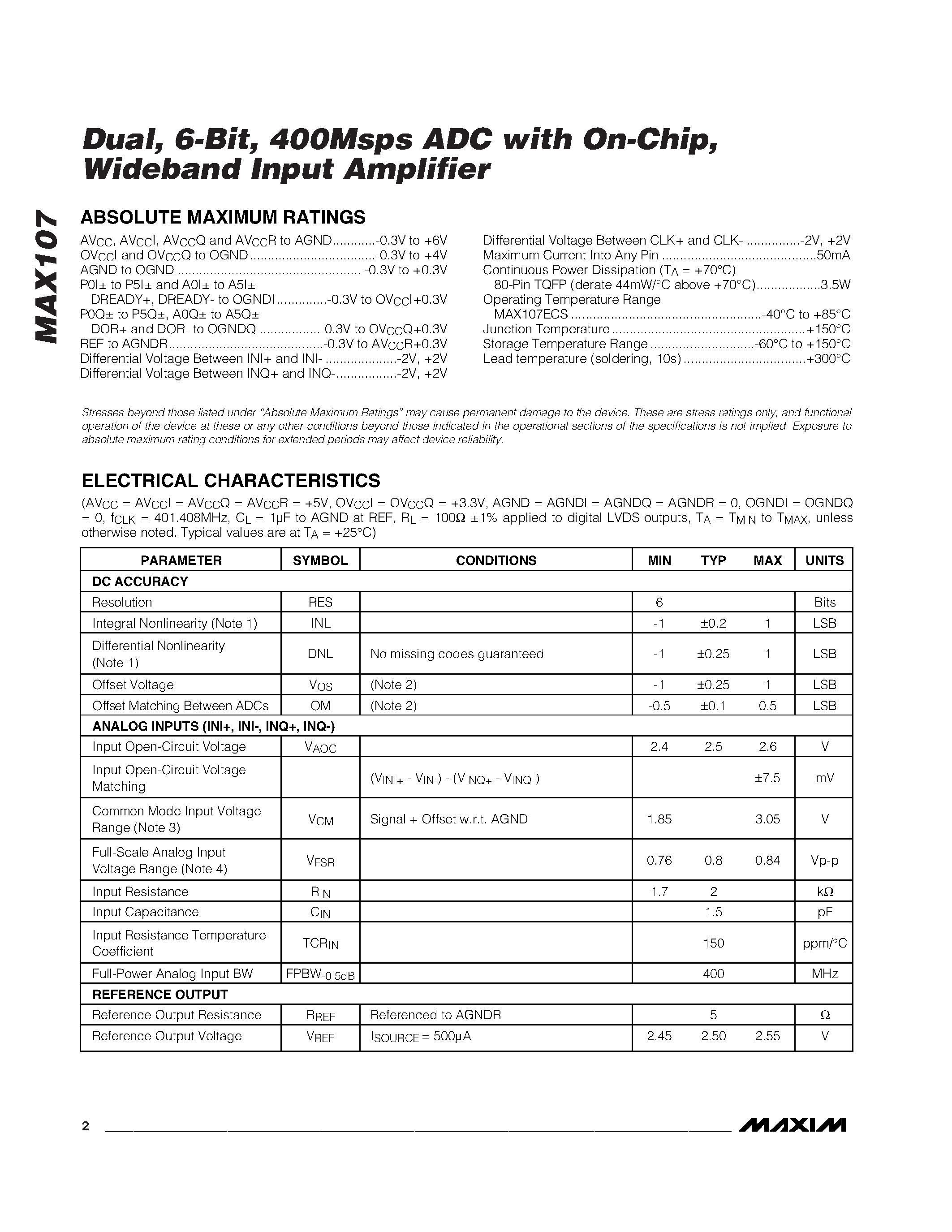 Datasheet MAX107 - Dual / 6-Bit / 400Msps ADC with On-Chip / Wideband Input Amplifier page 2