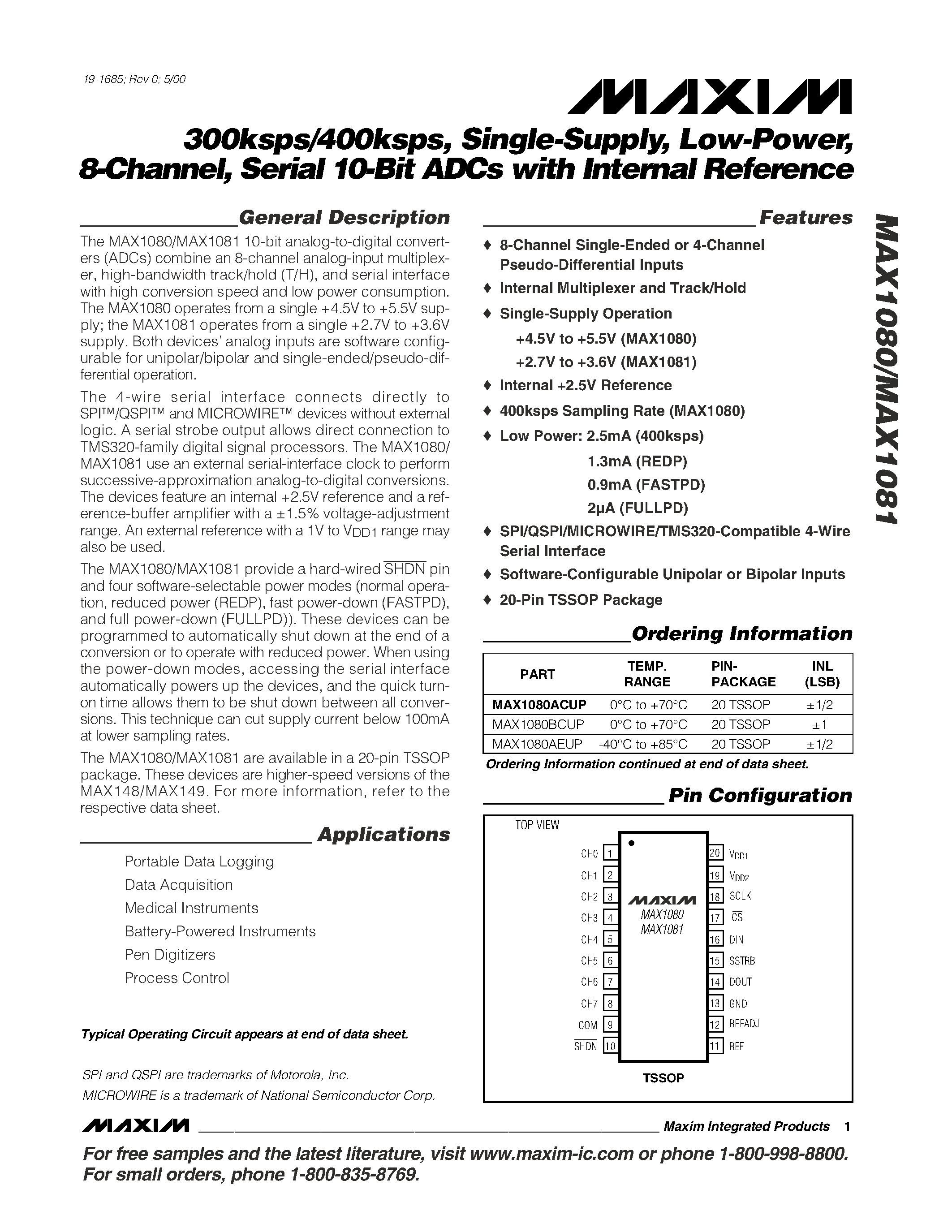 Даташит MAX1080BCUP - 300ksps/400ksps / Single-Supply / Low-Power / 8-Channel / Serial 10-Bit ADCs with Internal Reference страница 1
