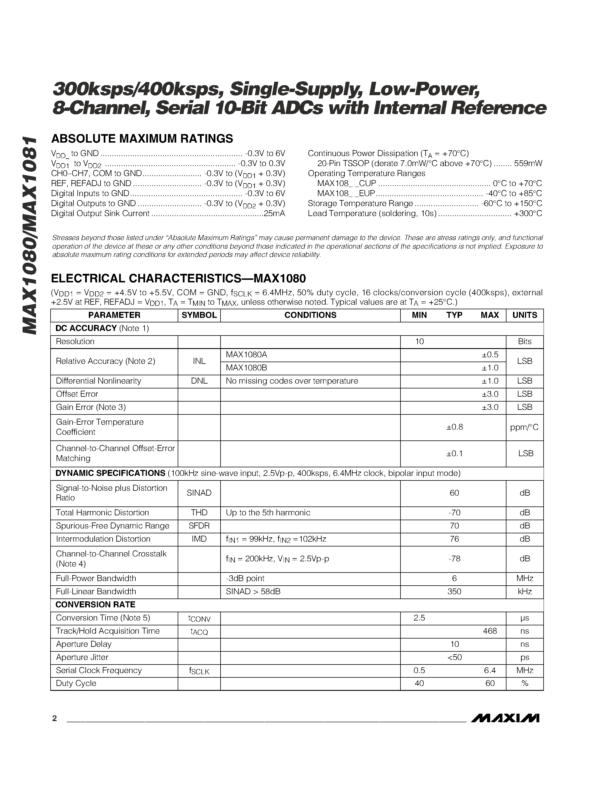 Даташит MAX1080BEUP - 300ksps/400ksps / Single-Supply / Low-Power / 8-Channel / Serial 10-Bit ADCs with Internal Reference страница 2