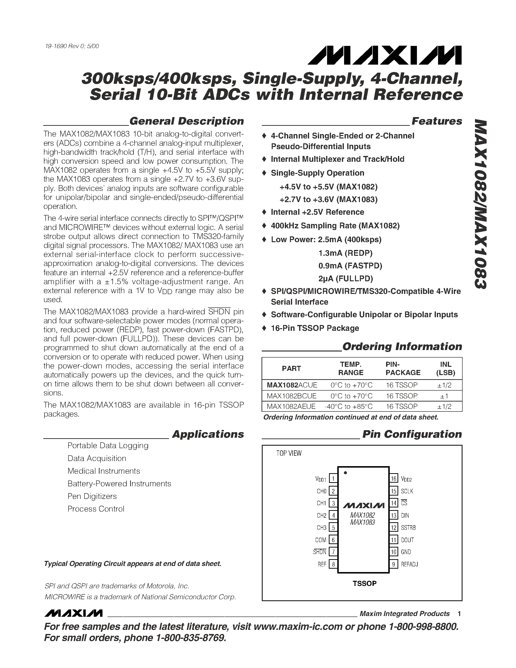 Datasheet MAX1082-MAX1083 - 300ksps/400ksps / Single-Supply / 4-Channel / Serial 10-Bit ADCs with Internal Reference page 1