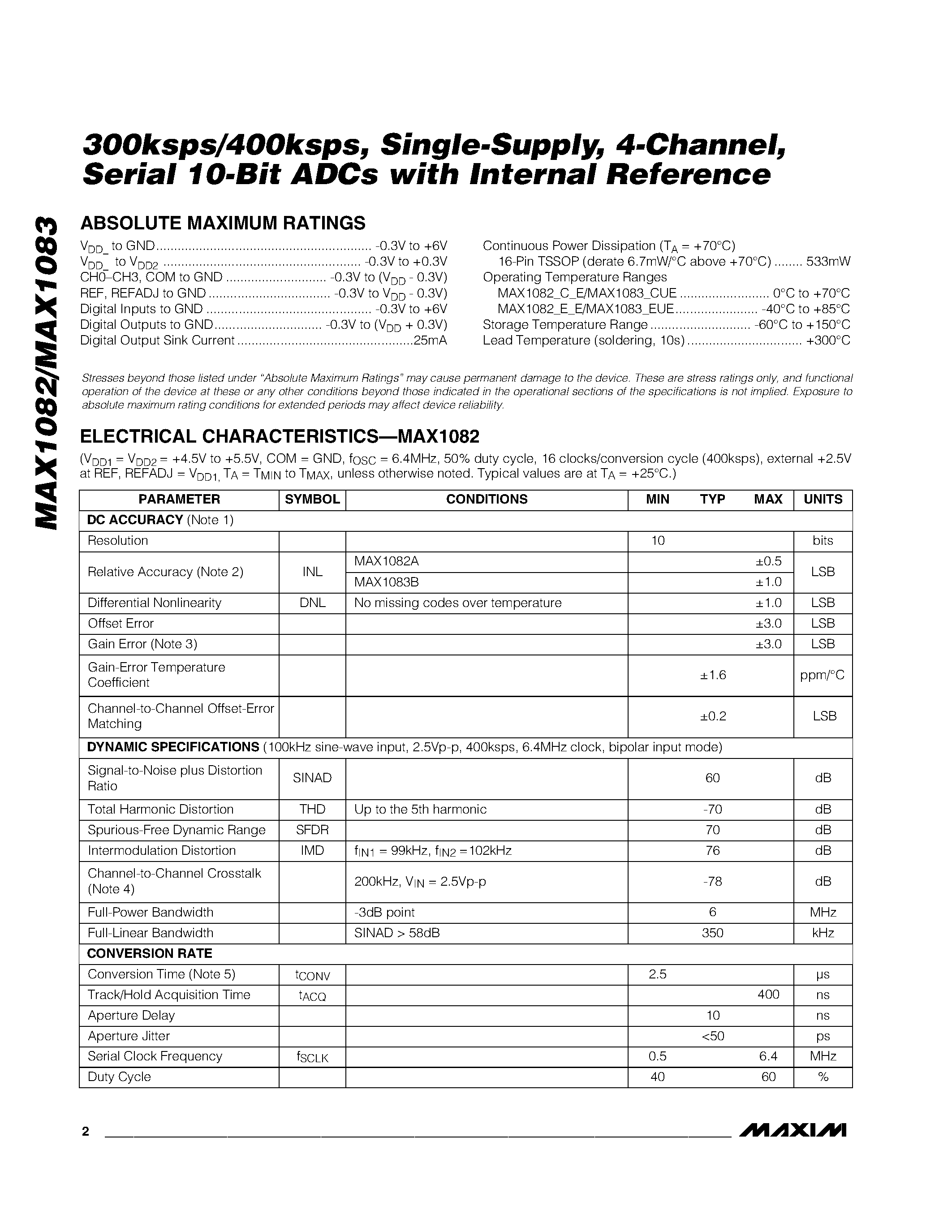 Datasheet MAX1082AEUE page 2 Datasheet MAX1082AEUE - 300ksps/400ksps / Single-Supply / 4-Channel / Serial 10-Bit ADCs with Internal Reference page 2