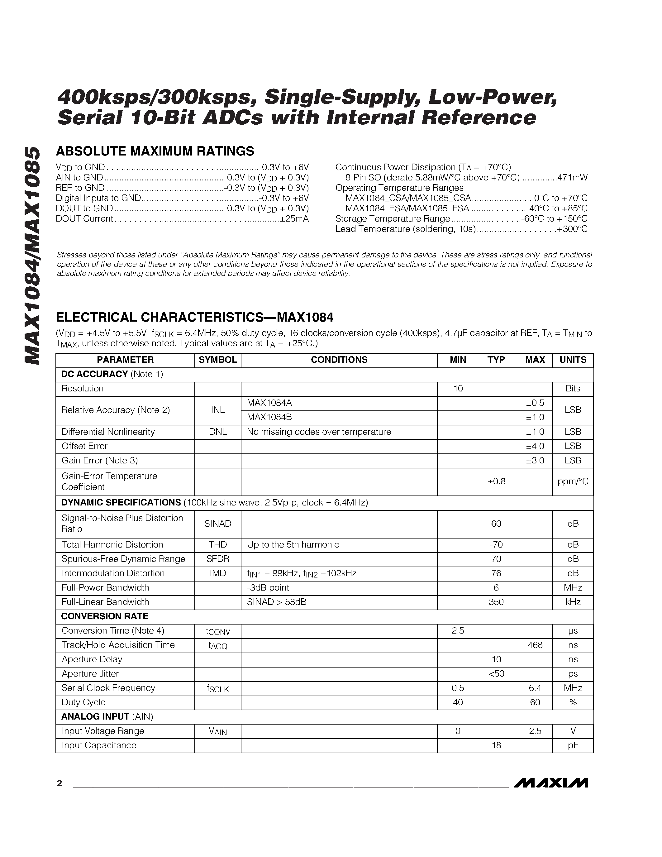 Даташит MAX1085ACSA - 400ksps/300ksps / Single-Supply / Low-Power / Serial 10-Bit ADCs with Internal Reference страница 2