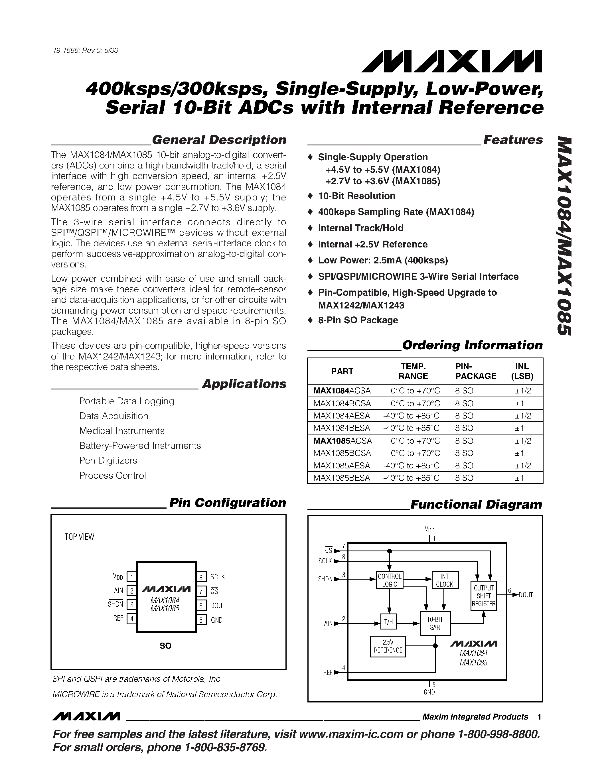 Даташит MAX1085AESA - 400ksps/300ksps / Single-Supply / Low-Power / Serial 10-Bit ADCs with Internal Reference страница 1