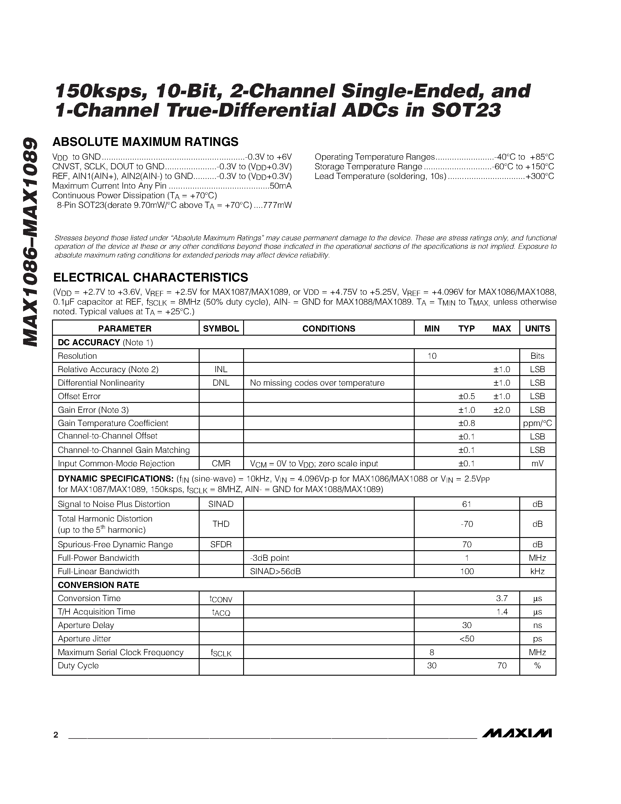 Datasheet MAX1086EKA-T page 2 Datasheet MAX1086EKA-T - 150ksps / 10-Bit / 2-Channel Single-Ended / and 1-Channel True-Differential ADCs in SOT23 page 2