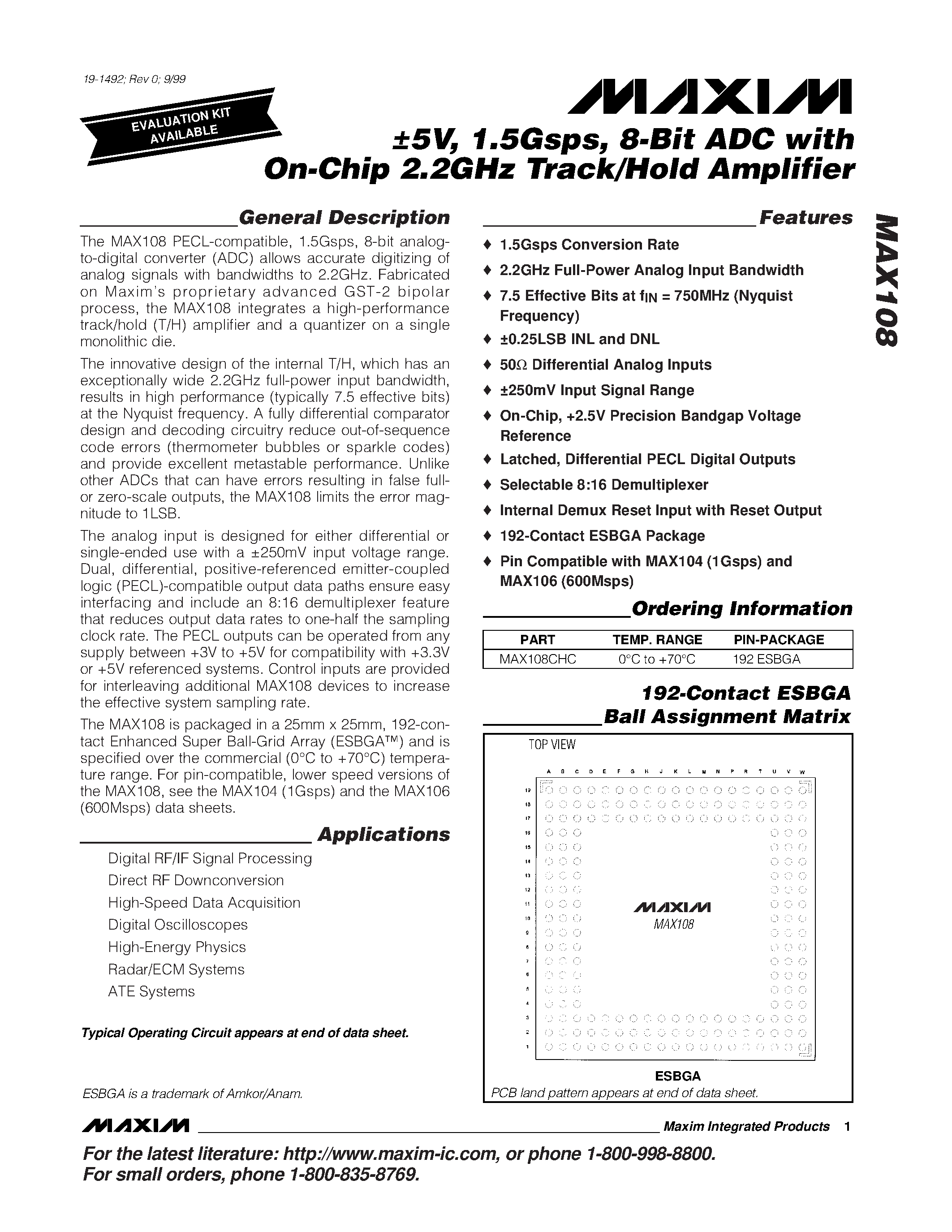 Datasheet MAX108CHC - 5V / 1.5Gsps / 8-Bit ADC with On-Chip 2.2GHz Track/Hold Amplifier page 1