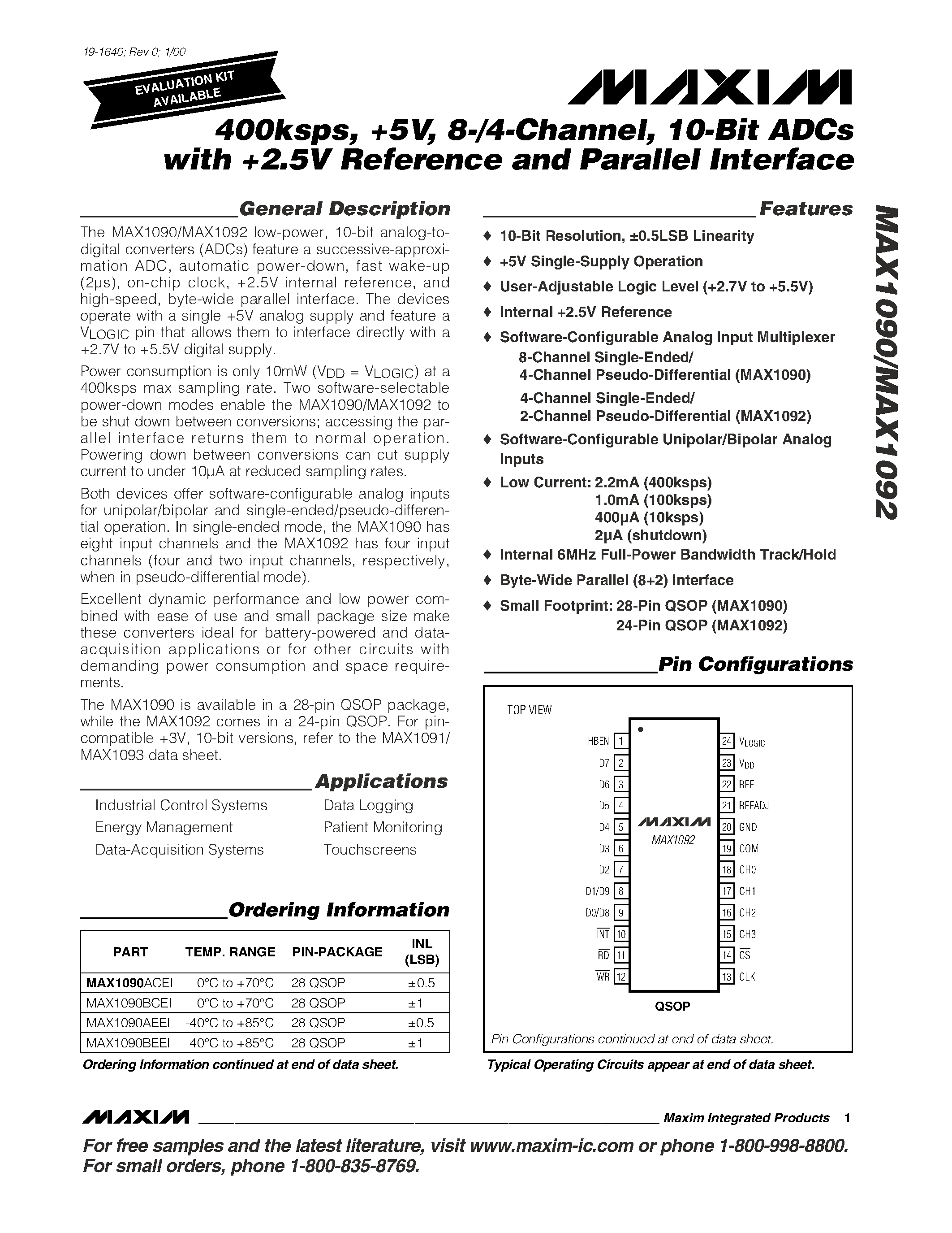 Datasheet MAX1090ACEI page 1 Datasheet MAX1090ACEI - 400ksps / +5V / 8-/4-Channel / 10-Bit ADCs with +2.5V Reference and Parallel Interface page 1