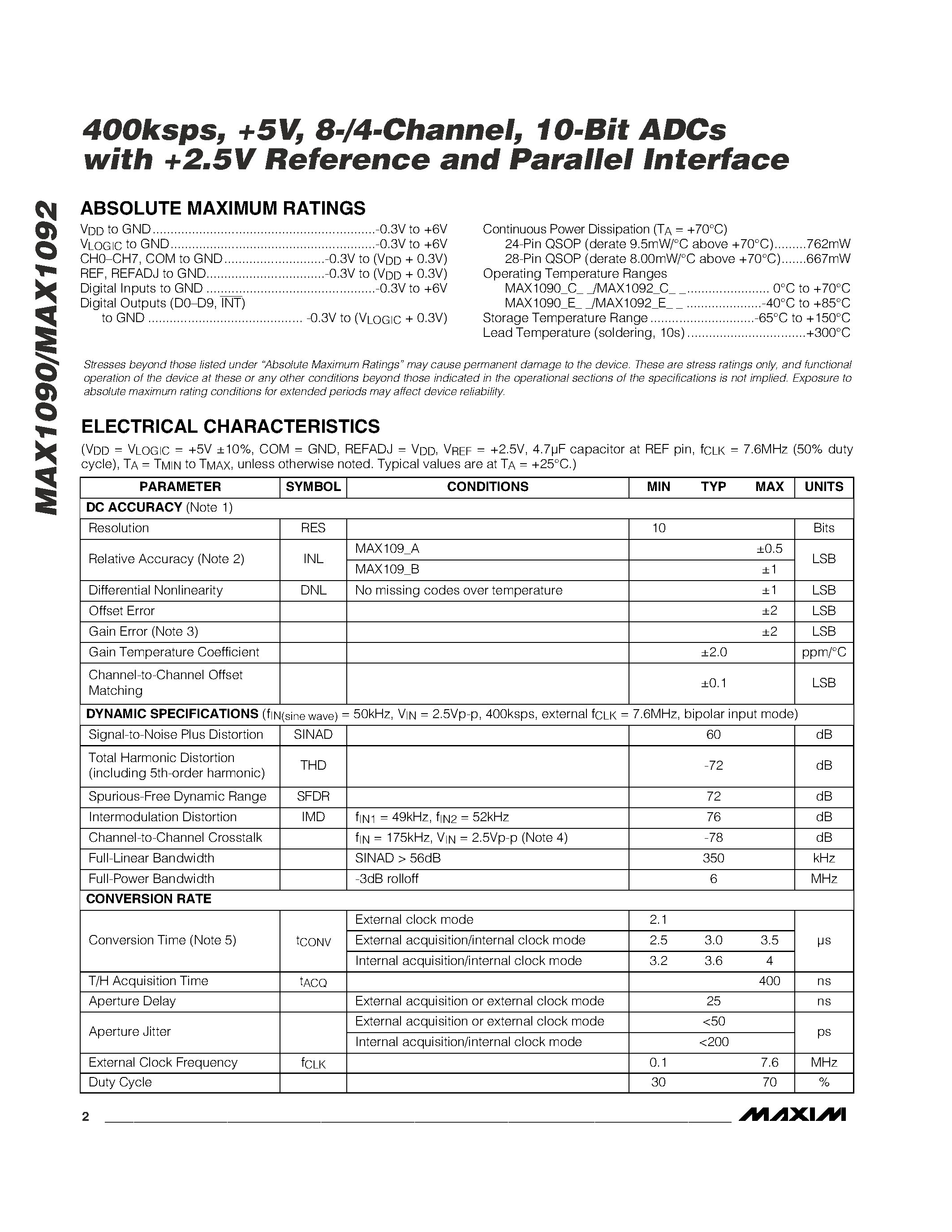 Datasheet MAX1092BEEG page 2 Datasheet MAX1092BEEG - 400ksps / +5V / 8-/4-Channel / 10-Bit ADCs with +2.5V Reference and Parallel Interface page 2